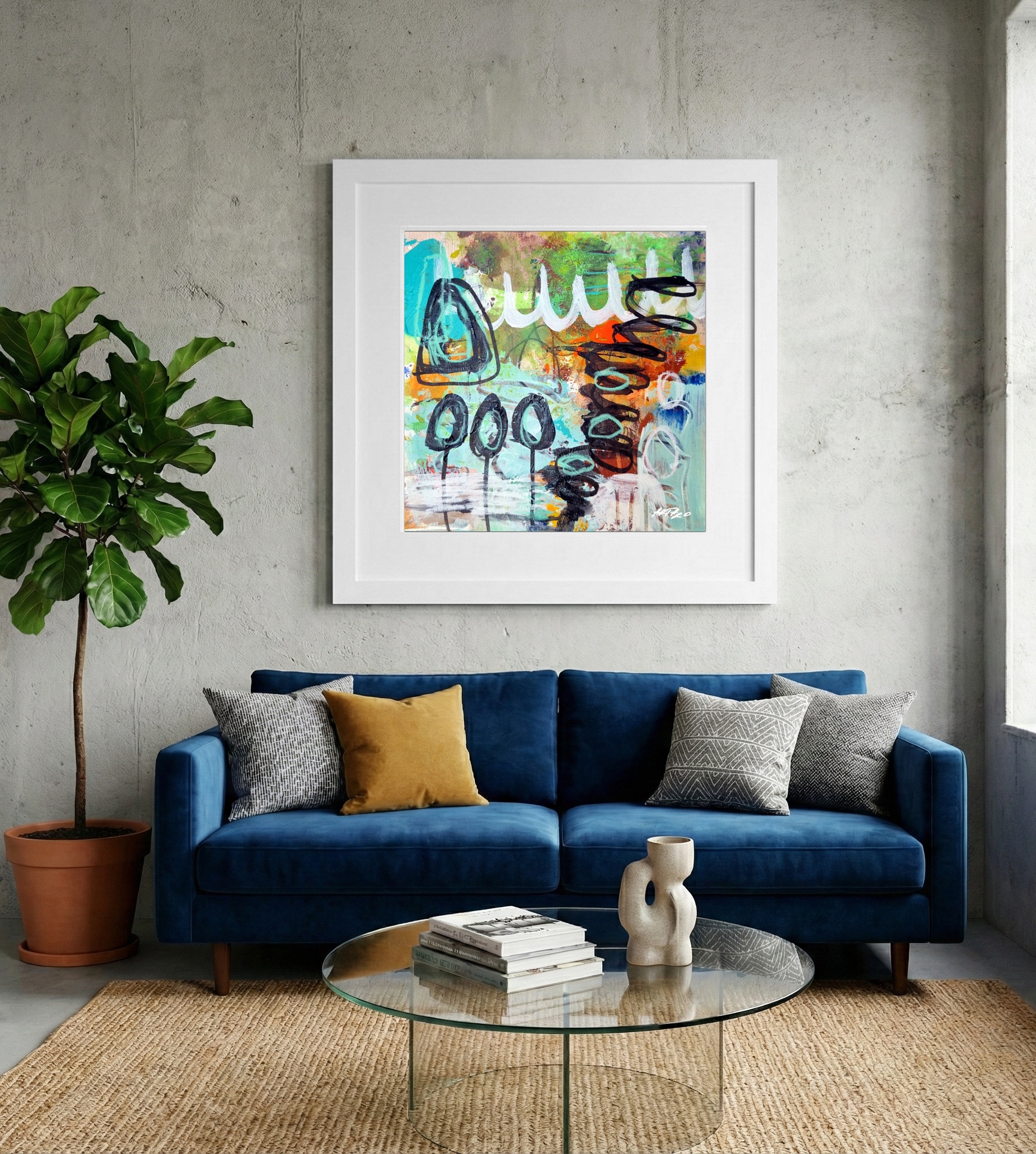 Teal and Orange Whimsical Shapes on Paper — art on the wall, room interior preview 2