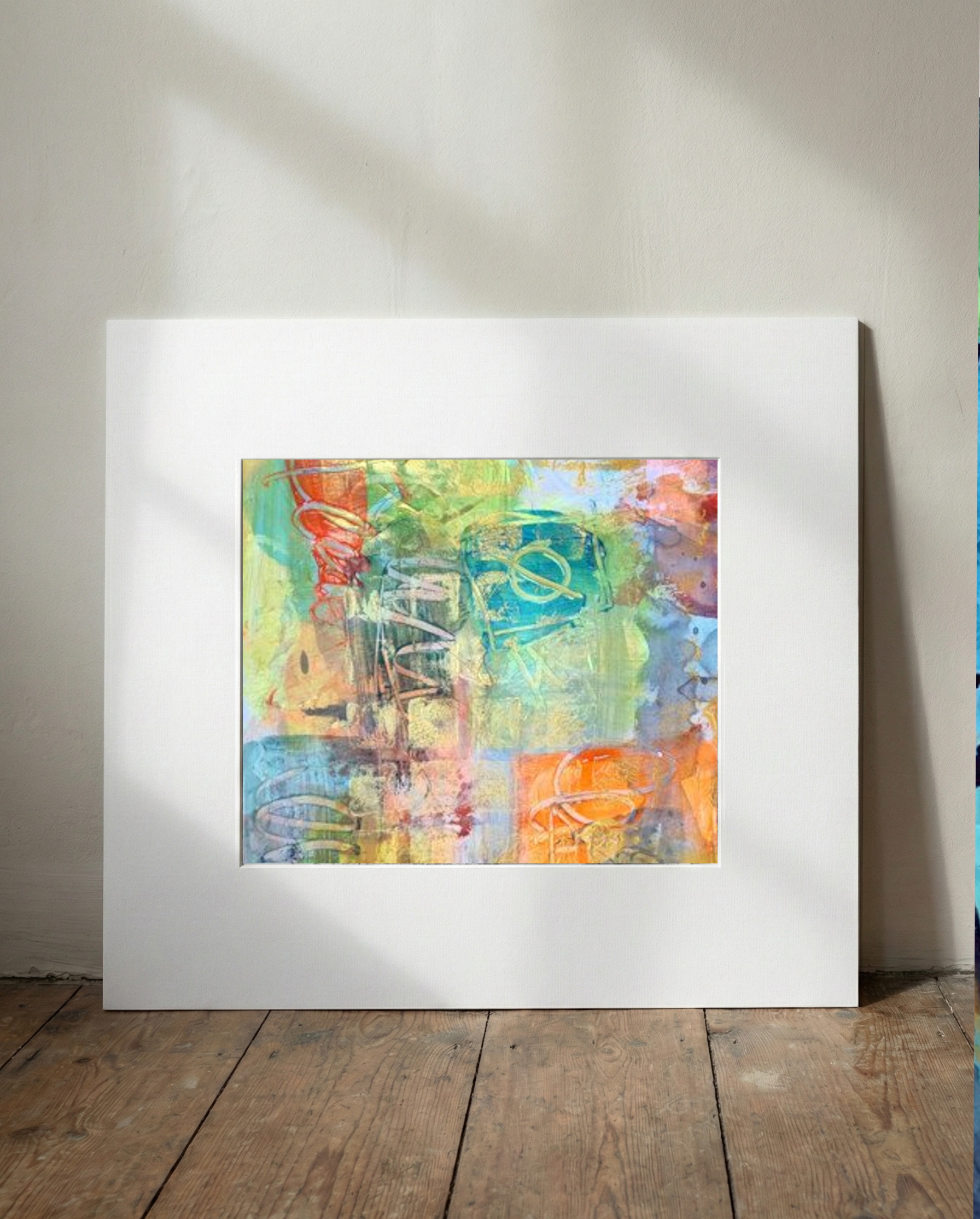 Golden and Blue Abstract Swirls on Paper — art on the wall, room interior preview 1