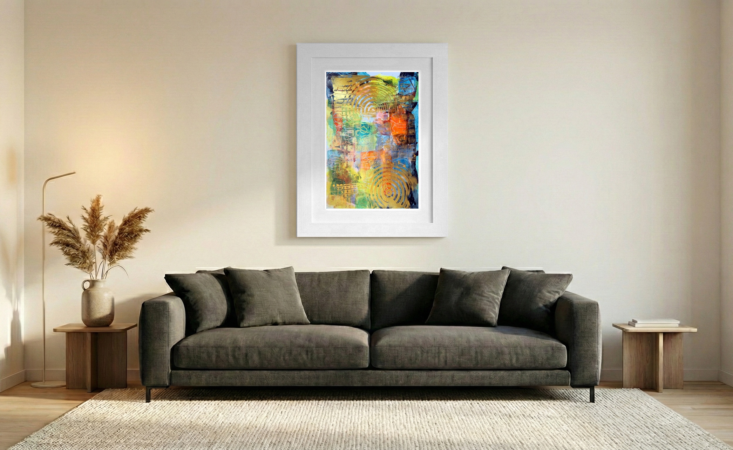 Golden and Blue Abstract Swirls on Paper — art on the wall, room interior preview 2