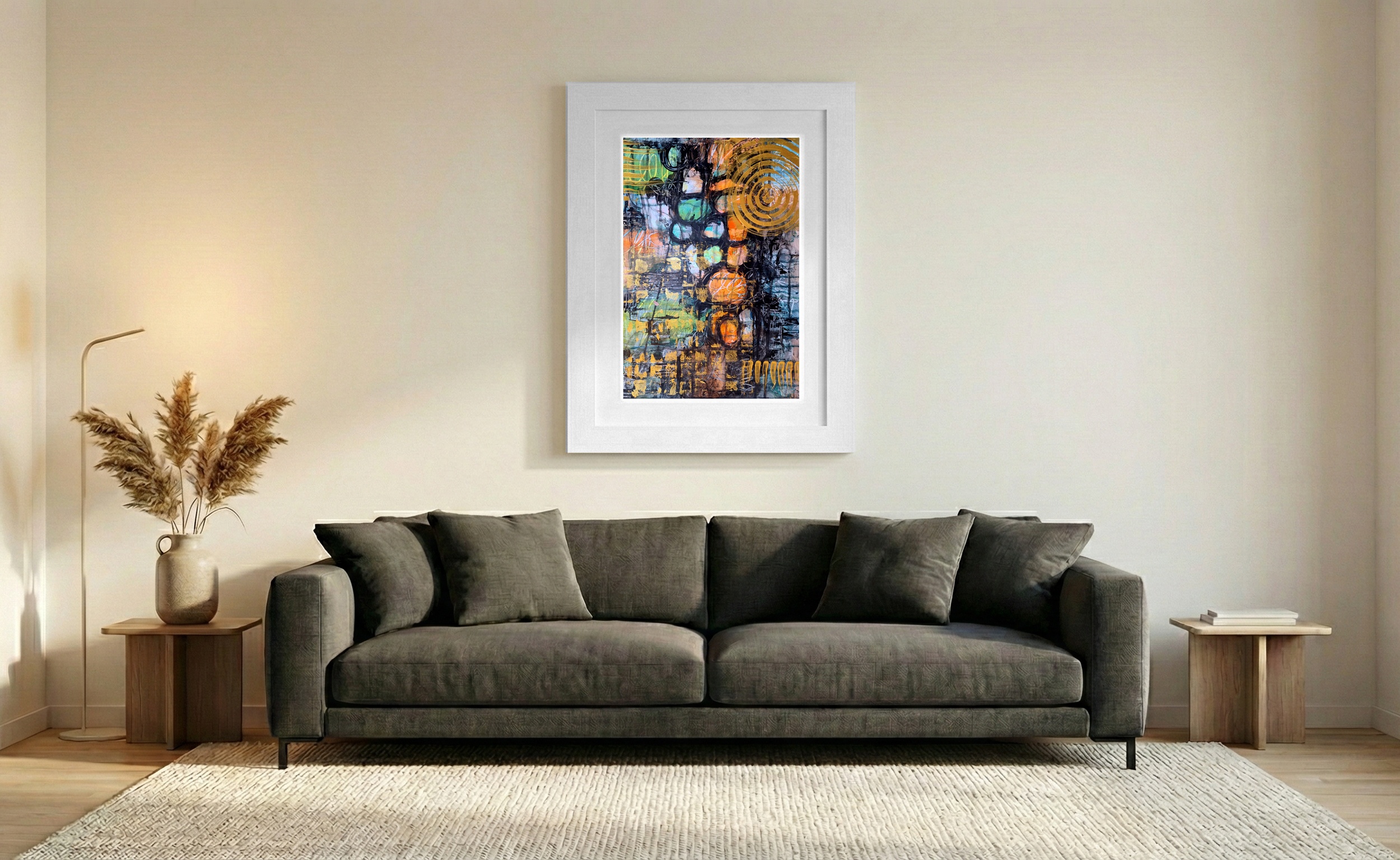 Teal and Gold Abstract on Paper — art on the wall, room interior preview 1