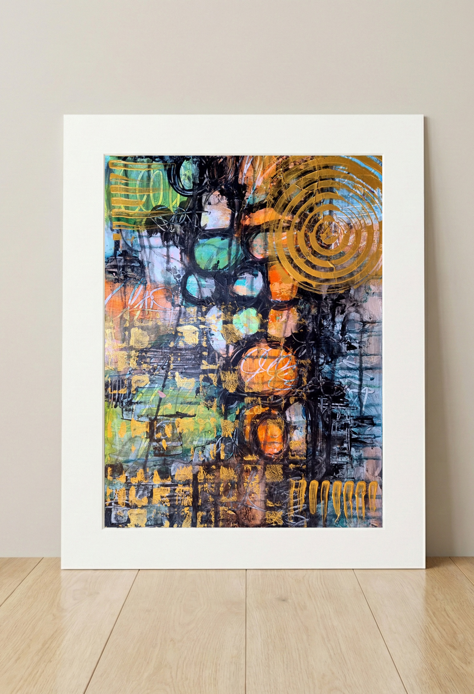 Teal and Gold Abstract on Paper — art on the wall, room interior preview 3