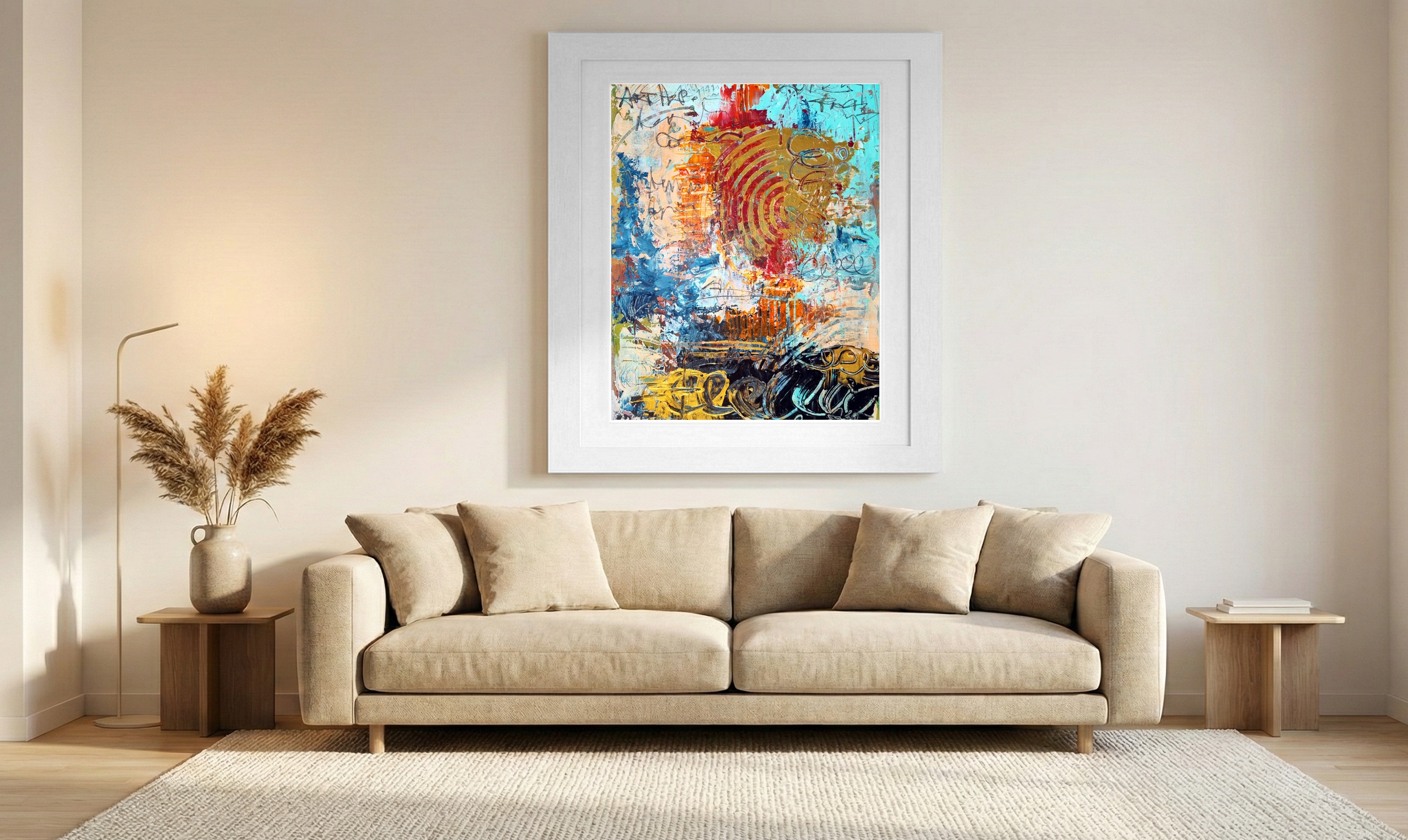 Turquoise Swirls with Gold on Paper — art on the wall, room interior preview 1