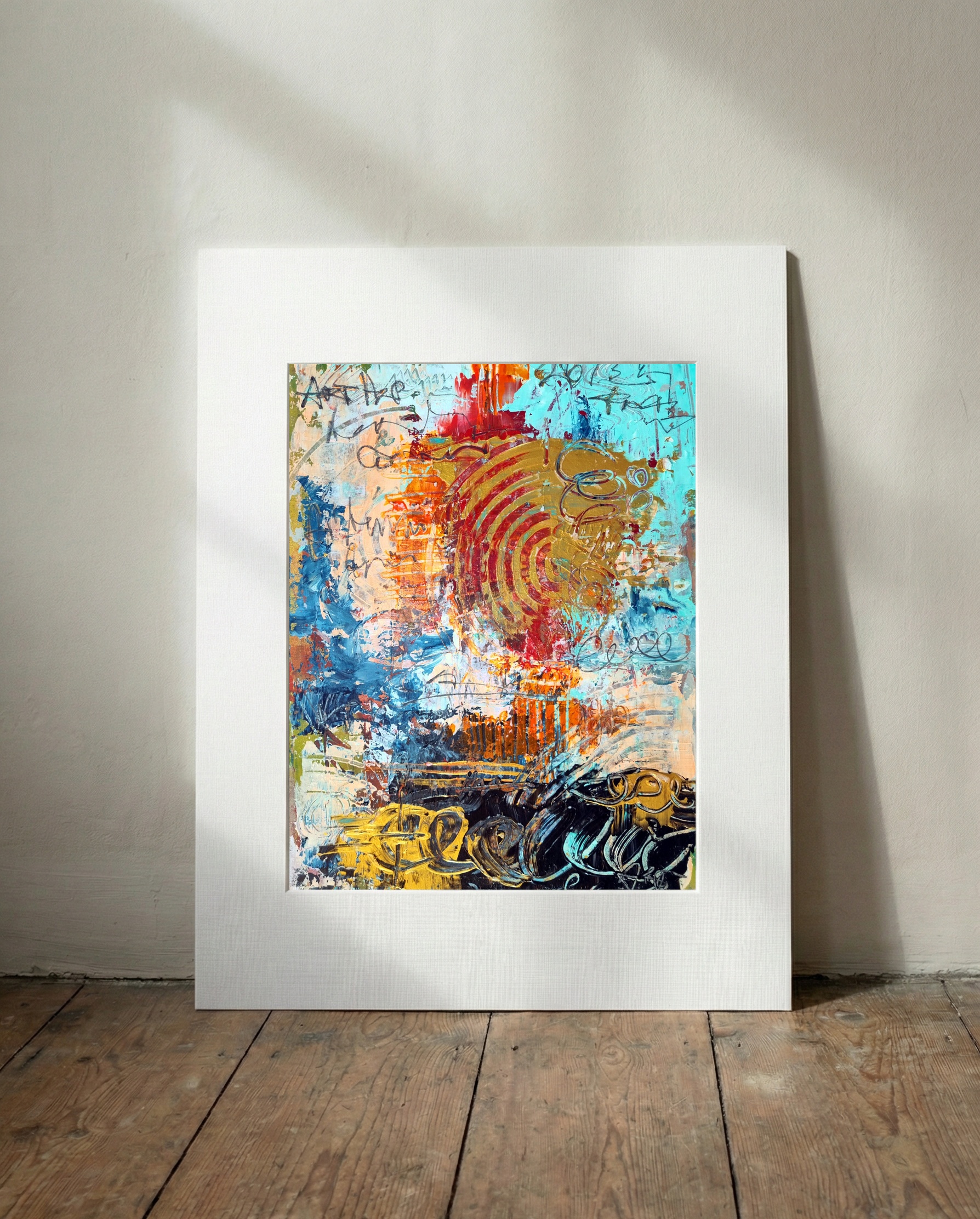 Turquoise Swirls with Gold on Paper — art on the wall, room interior preview 3