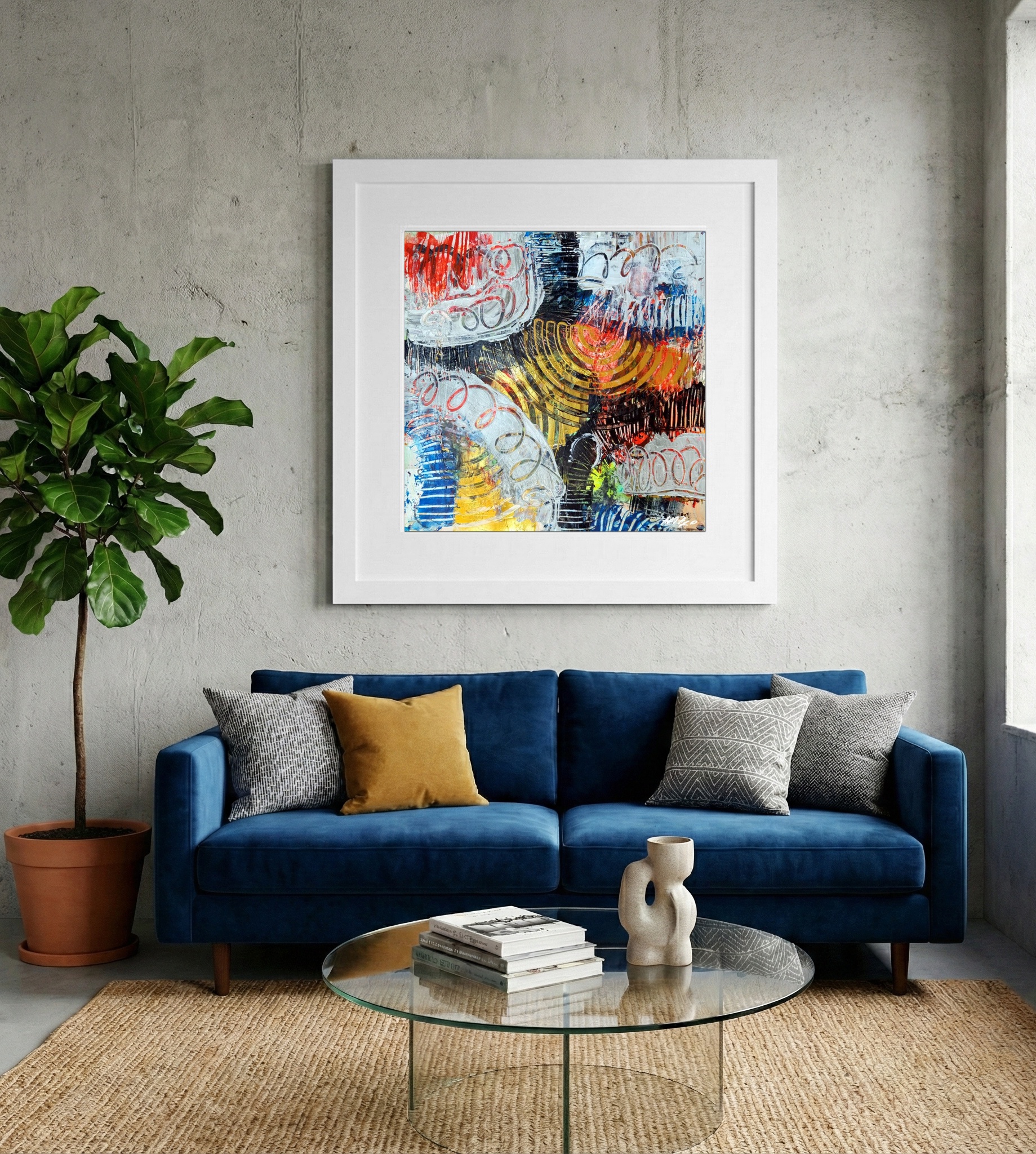 Crimson and Sunny Yellow Abstract on Paper — art on the wall, room interior preview 2