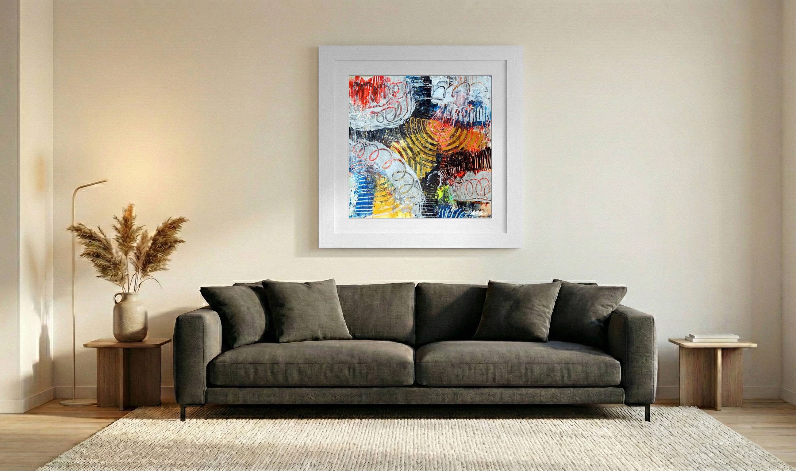 Crimson and Sunny Yellow Abstract on Paper — art on the wall, room interior preview 3