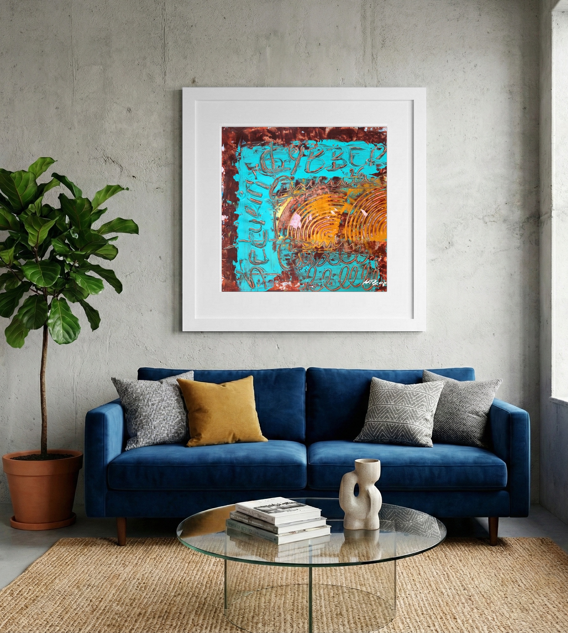 Turquoise and Copper Abstract on Paper — art on the wall, room interior preview 2