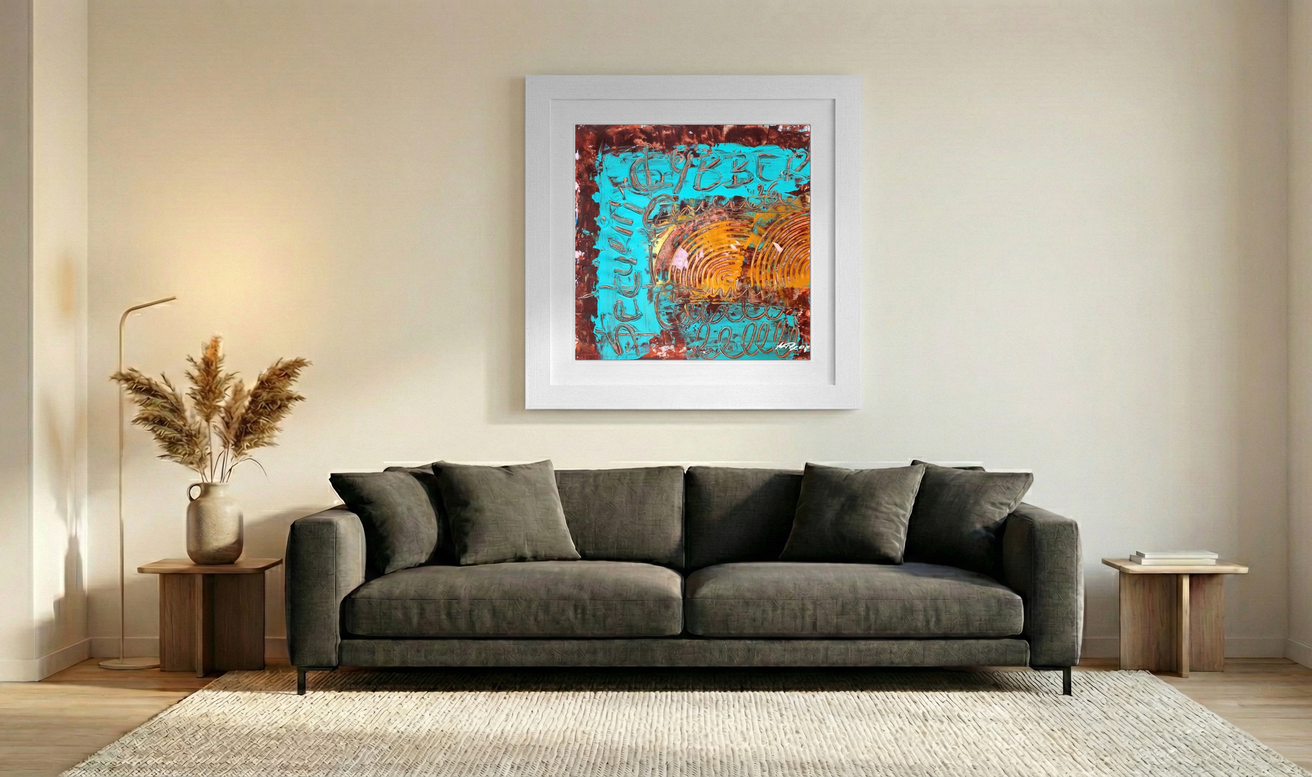 Turquoise and Copper Abstract on Paper — art on the wall, room interior preview 3