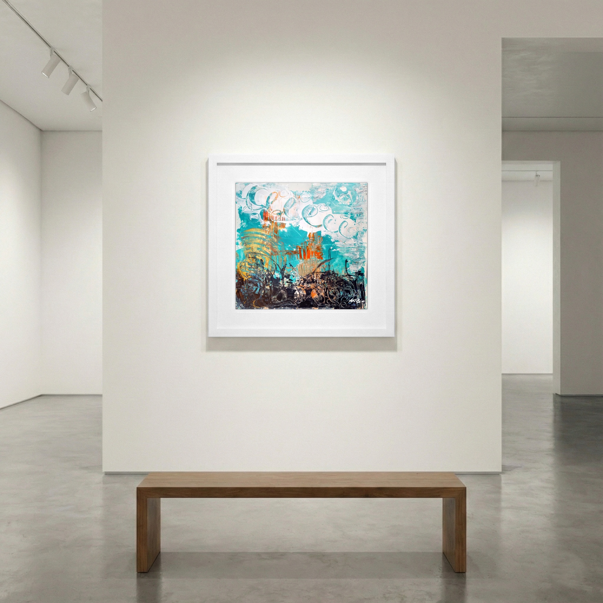 Teal and Orange Acrylic Abstract on Paper — art on the wall, room interior preview 1