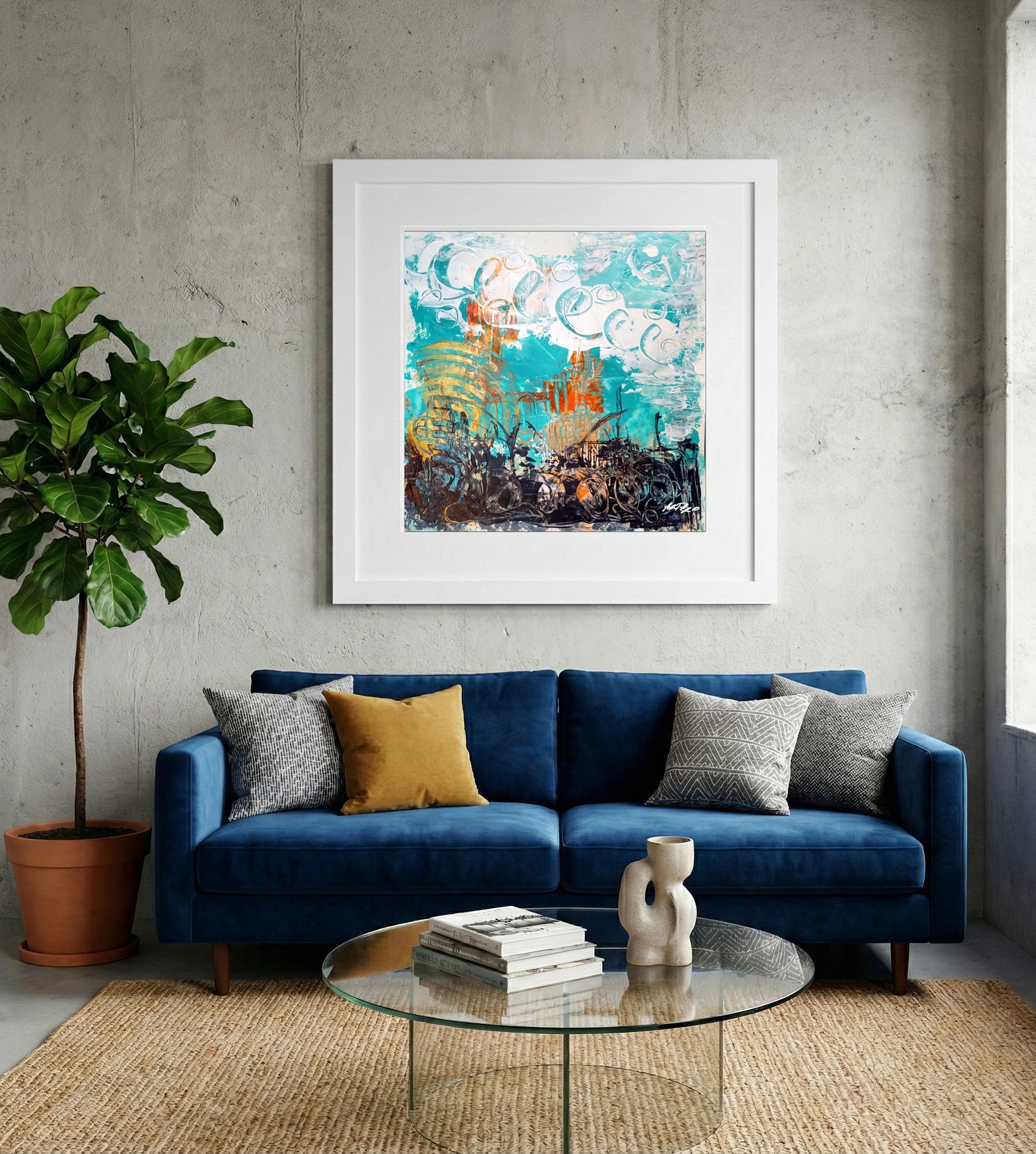 Teal and Orange Acrylic Abstract on Paper — art on the wall, room interior preview 2