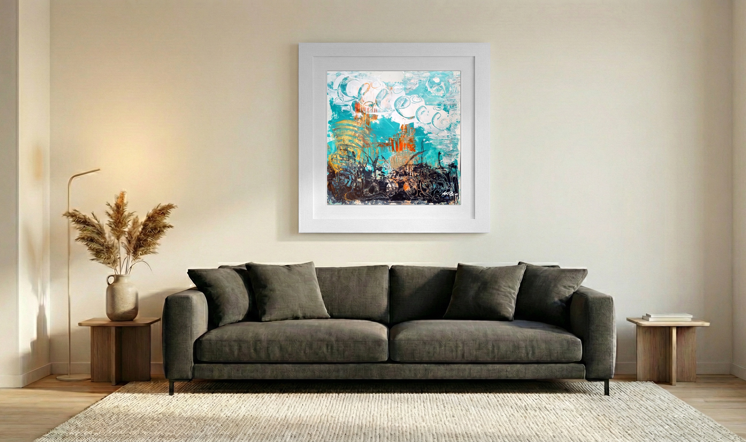 Teal and Orange Acrylic Abstract on Paper — art on the wall, room interior preview 3
