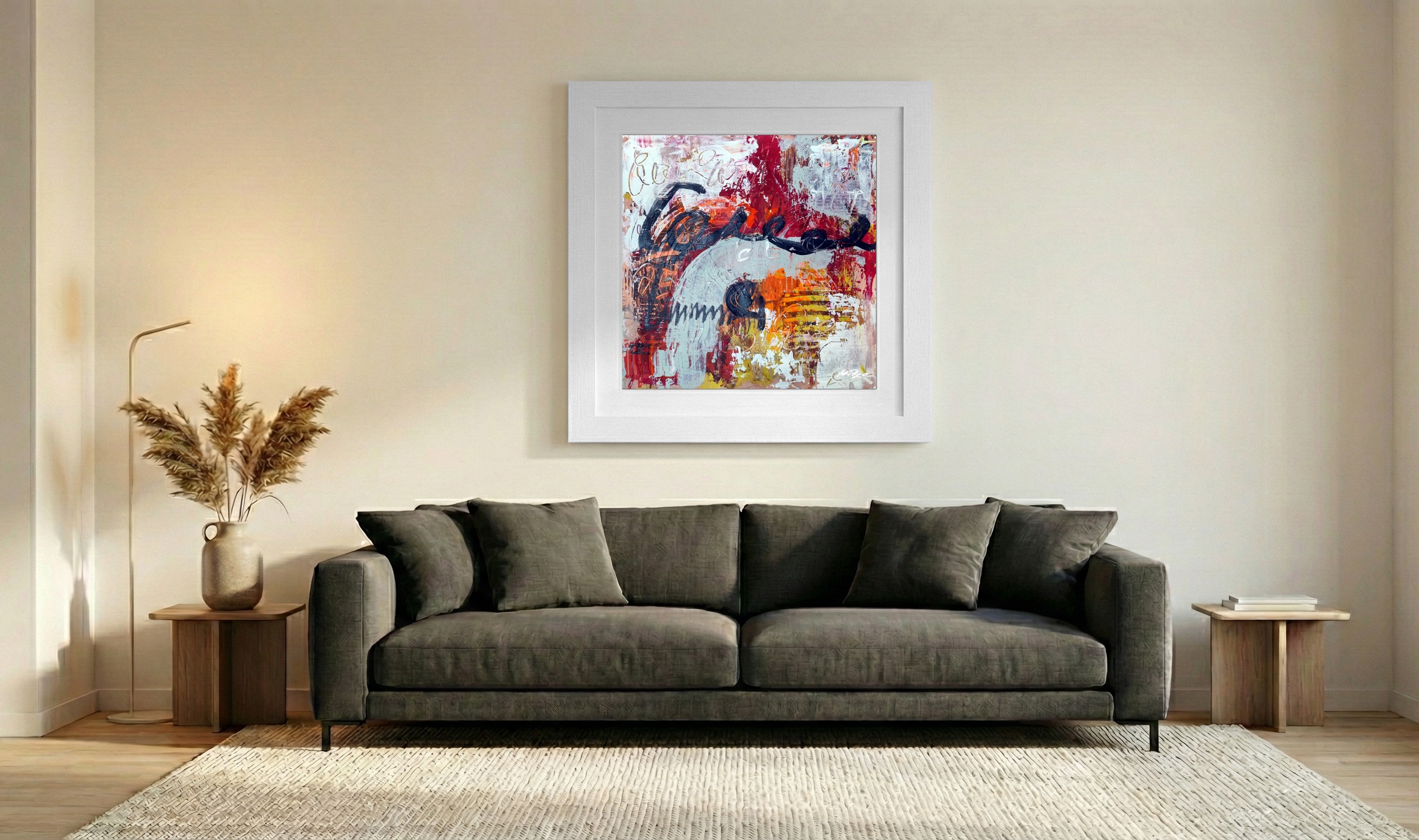 Crimson and Gold Acrylic Abstract — art on the wall, room interior preview 3