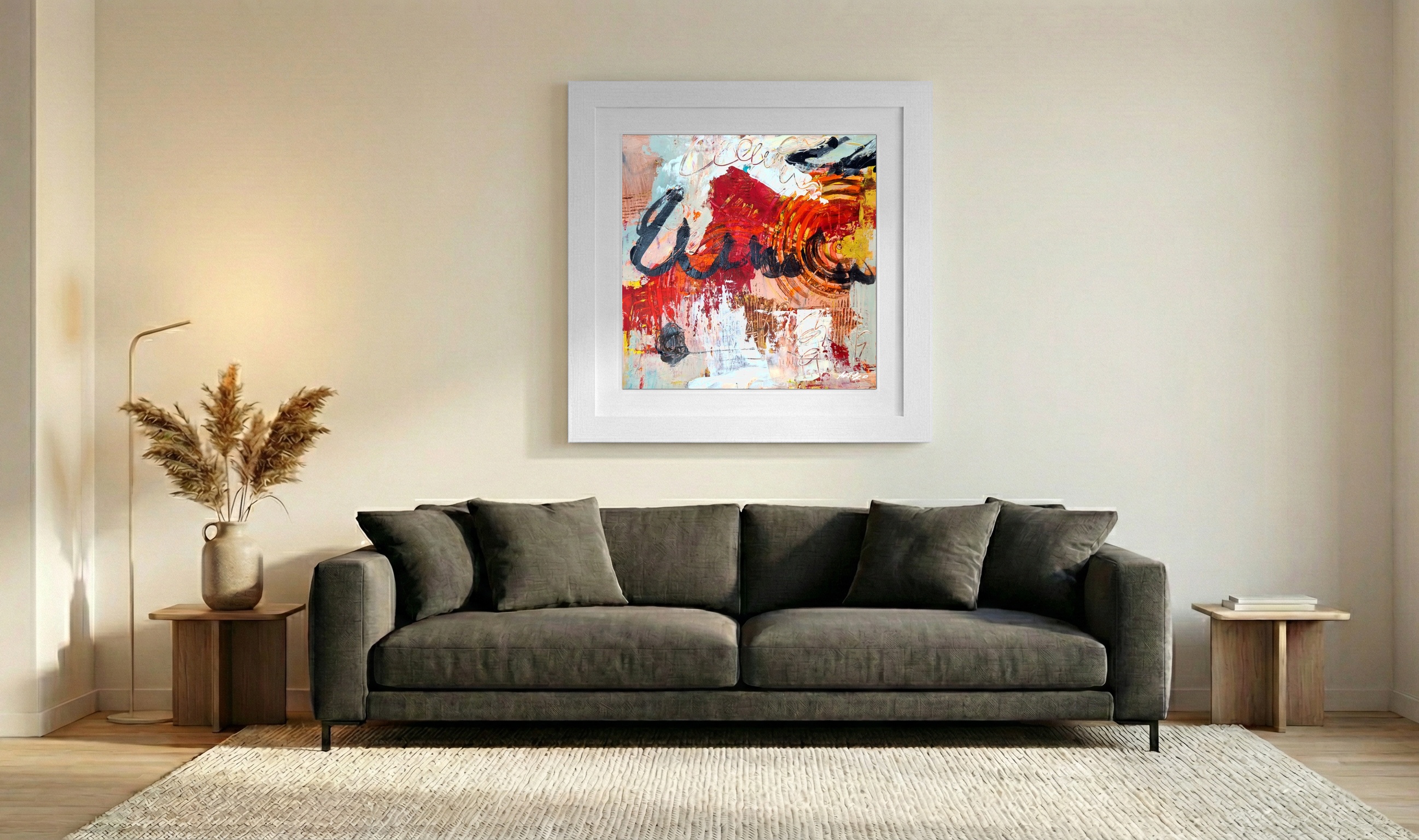 Crimson and Pastel Whimsical Abstract on Paper — art on the wall, room interior preview 3