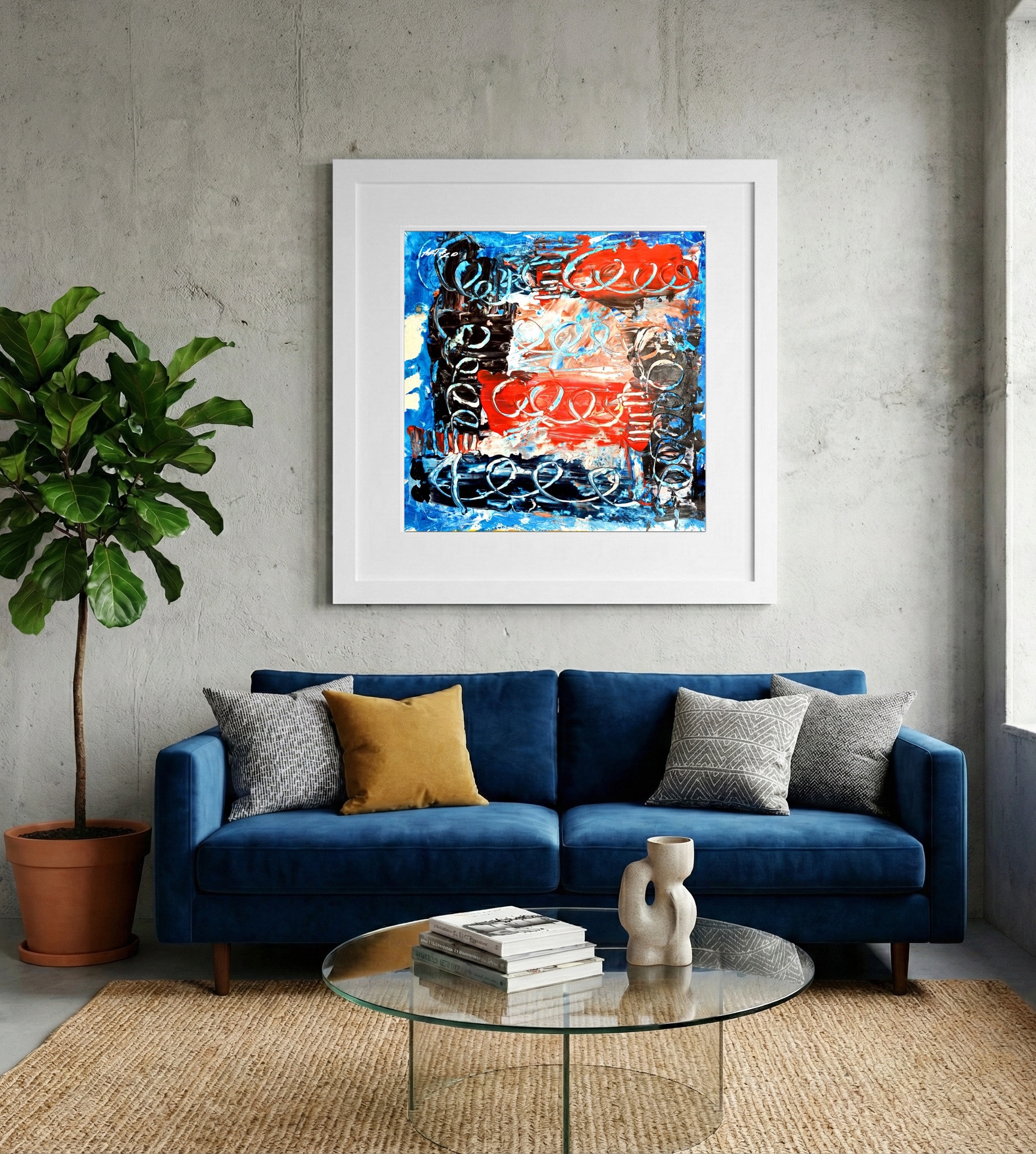 Vivid Crimson and Navy Abstract on Paper — art on the wall, room interior preview 2