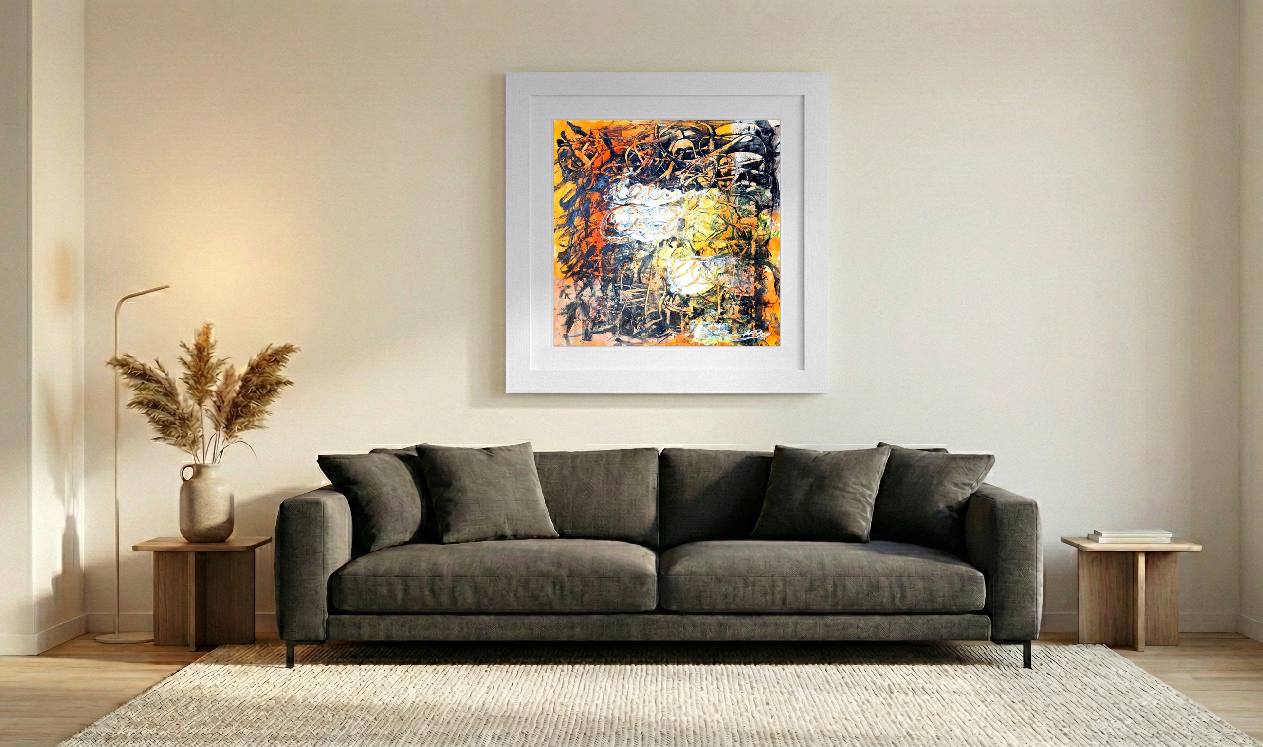 Burnt Orange and Black Abstract on Paper — art on the wall, room interior preview 3