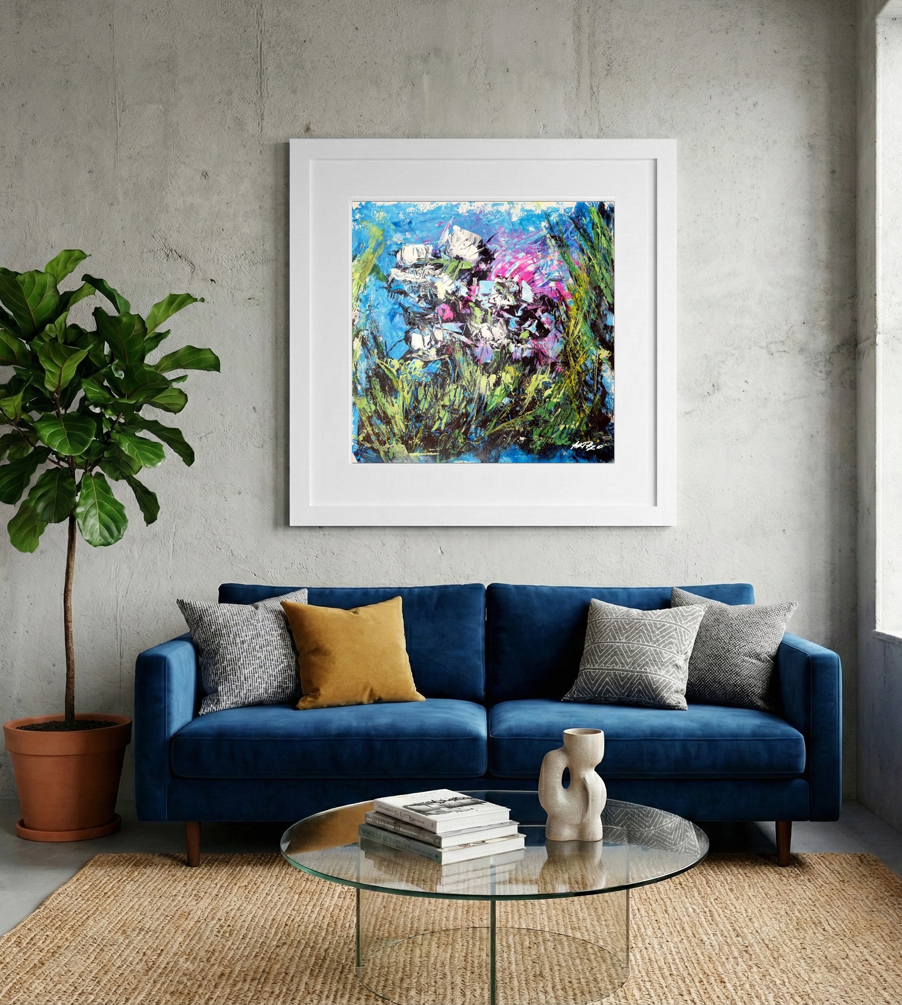 Cyan and Magenta Abstract on Paper — art on the wall, room interior preview 2