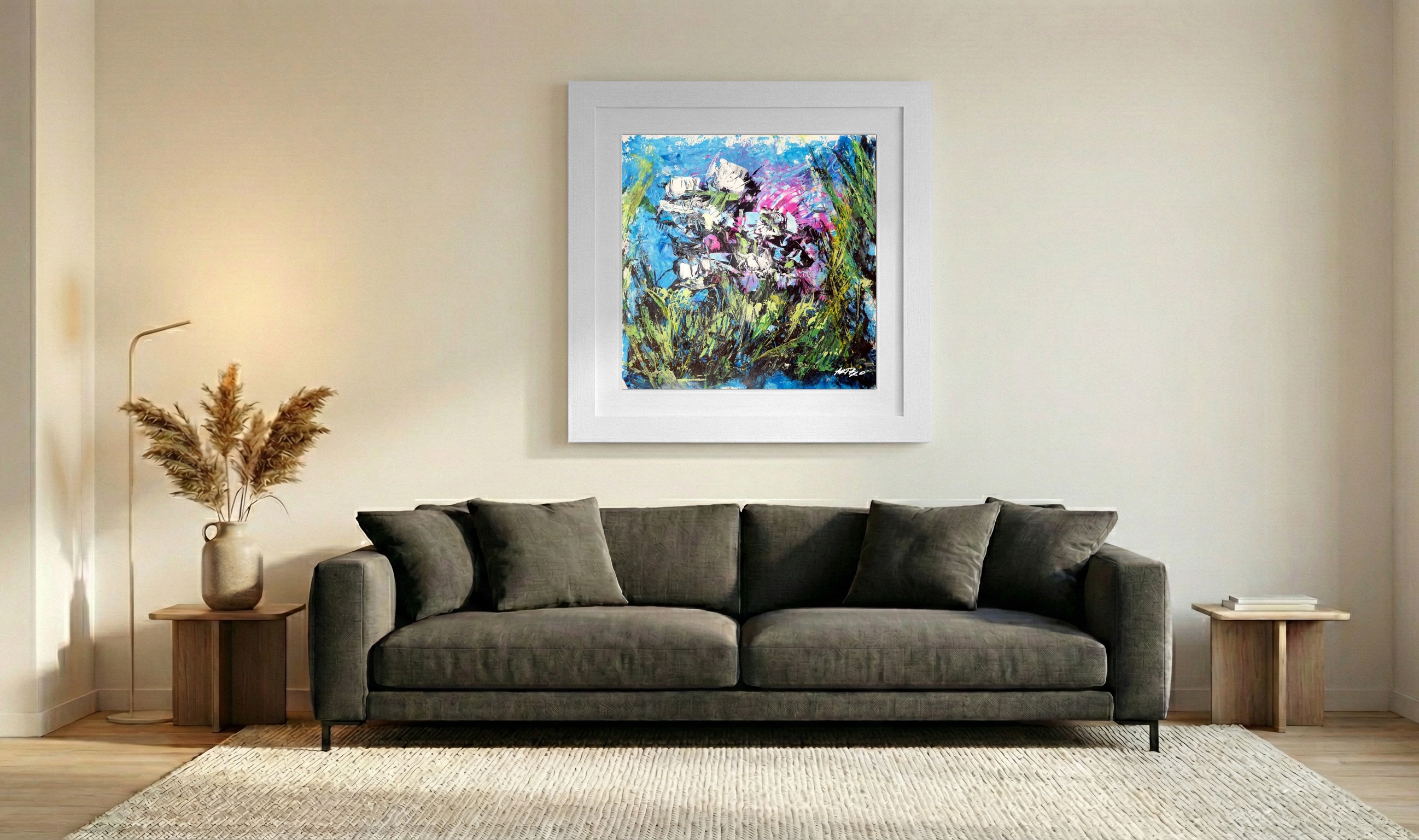 Cyan and Magenta Abstract on Paper — art on the wall, room interior preview 3