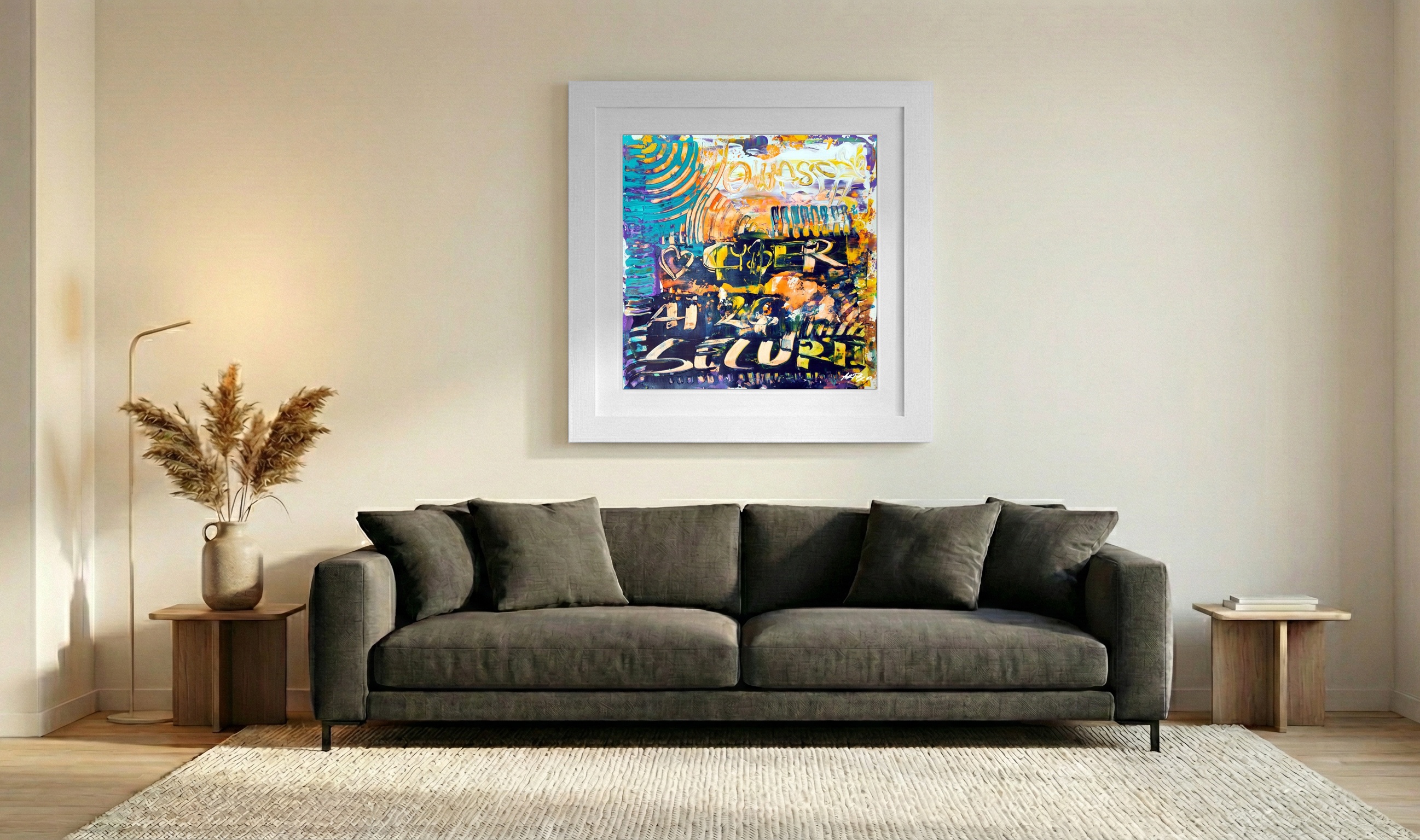 Cyan and Orange Urban Acrylic on Paper — art on the wall, room interior preview 3