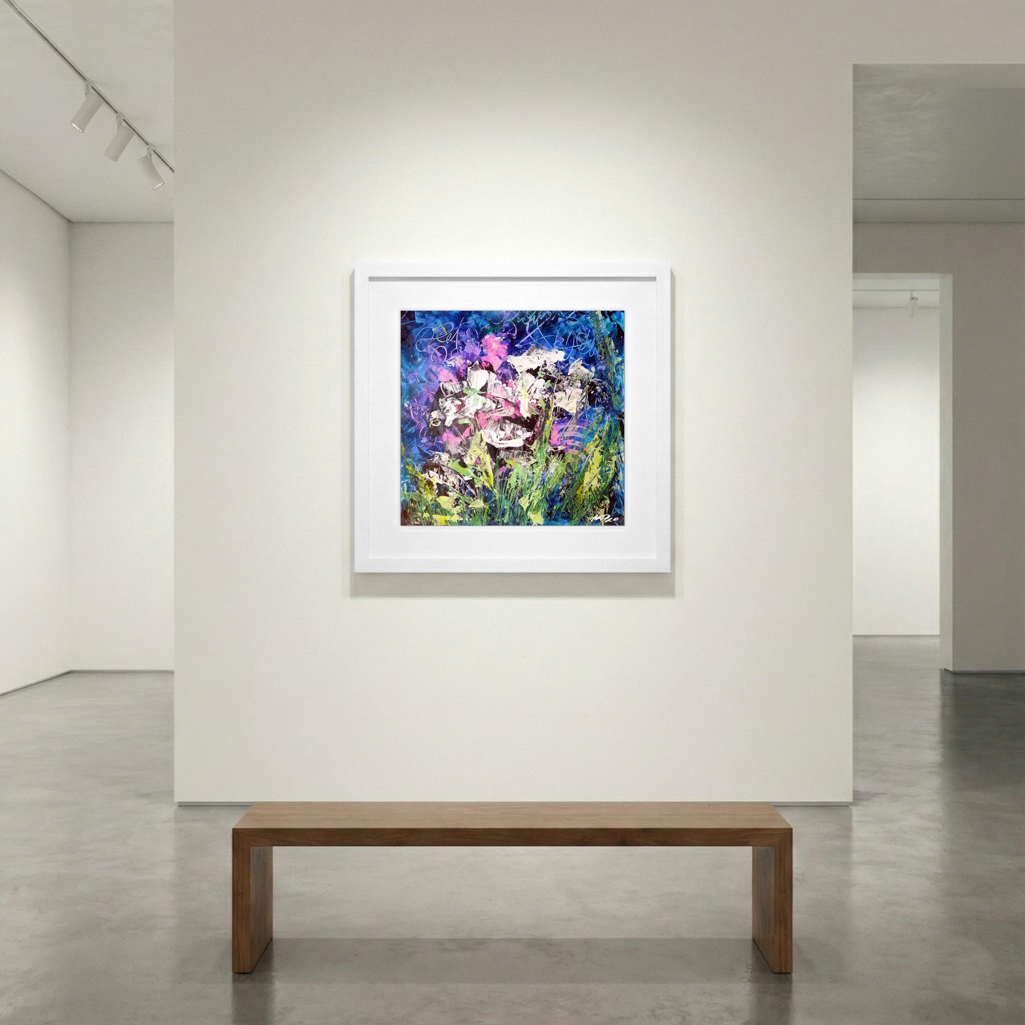 Purple and Green Acrylic Swirl on Paper — art on the wall, room interior preview 1