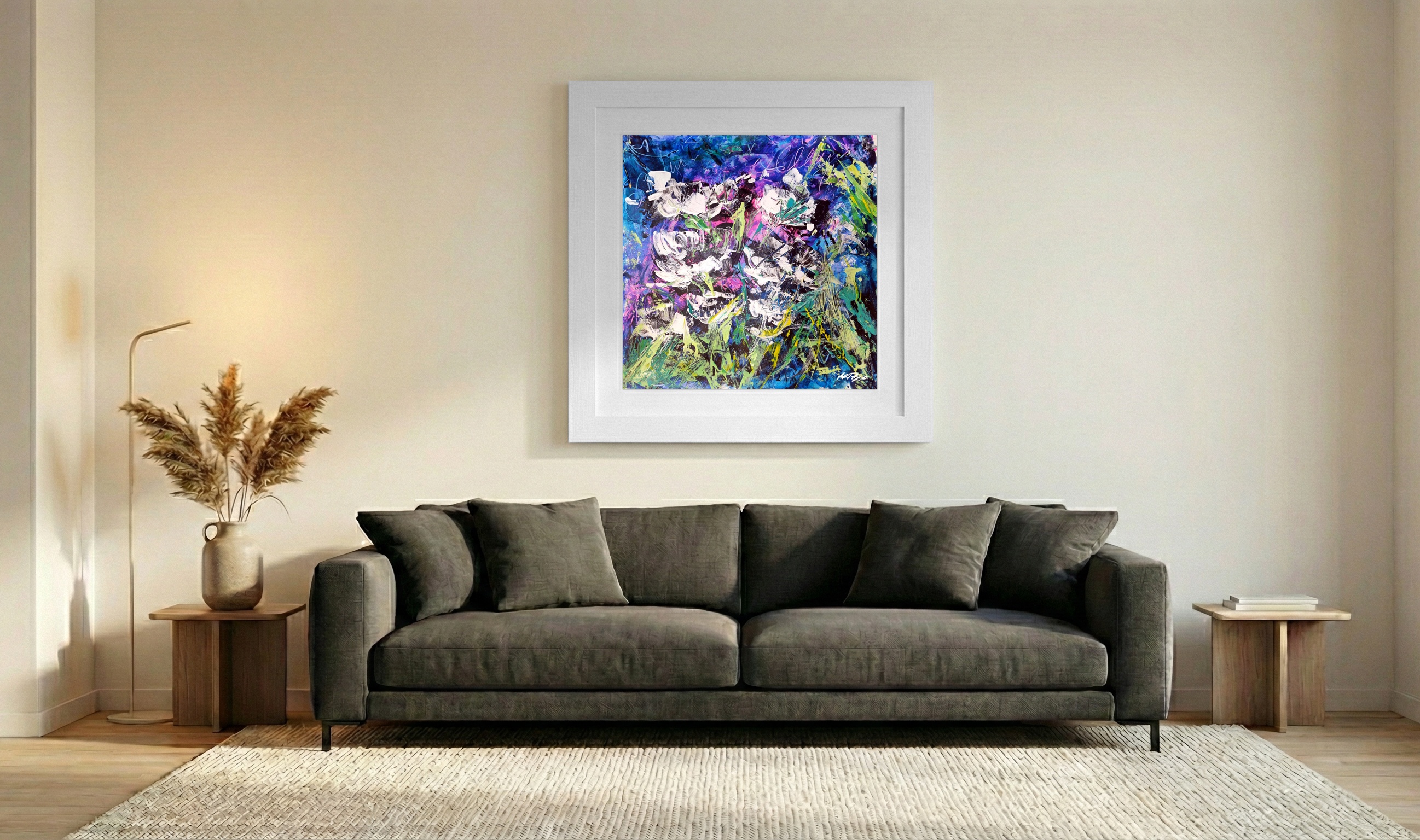 Violet and Deep Blue Floral on Paper — art on the wall, room interior preview 3