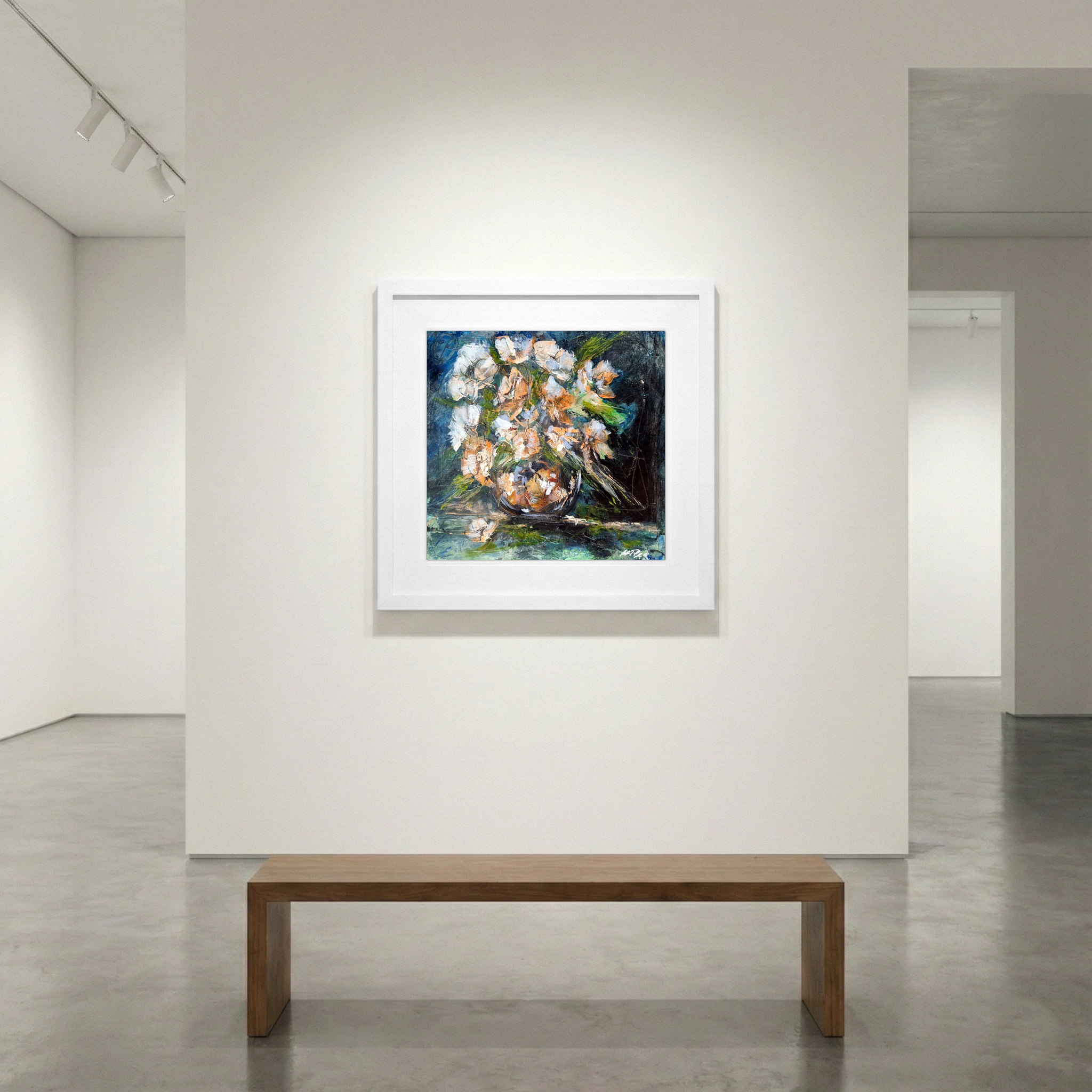 Cream Blooms on Deep Blue Background — art on the wall, room interior preview 1