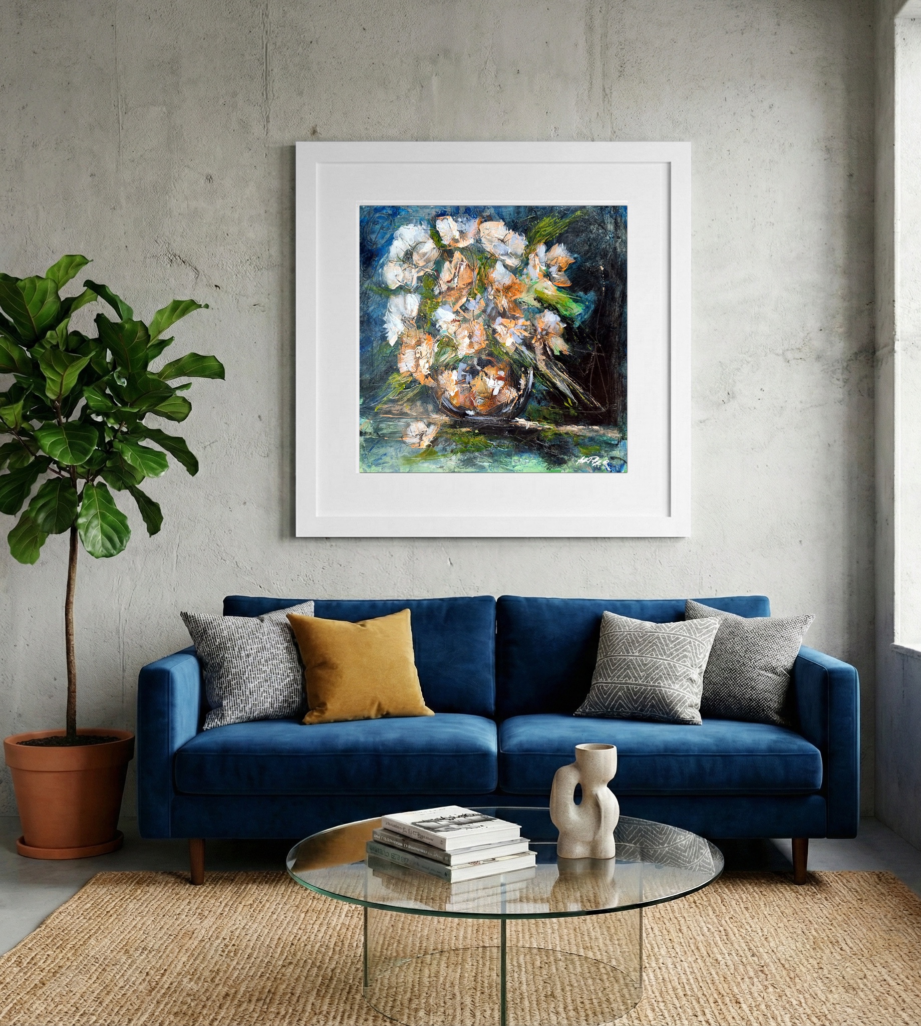 Cream Blooms on Deep Blue Background — art on the wall, room interior preview 2