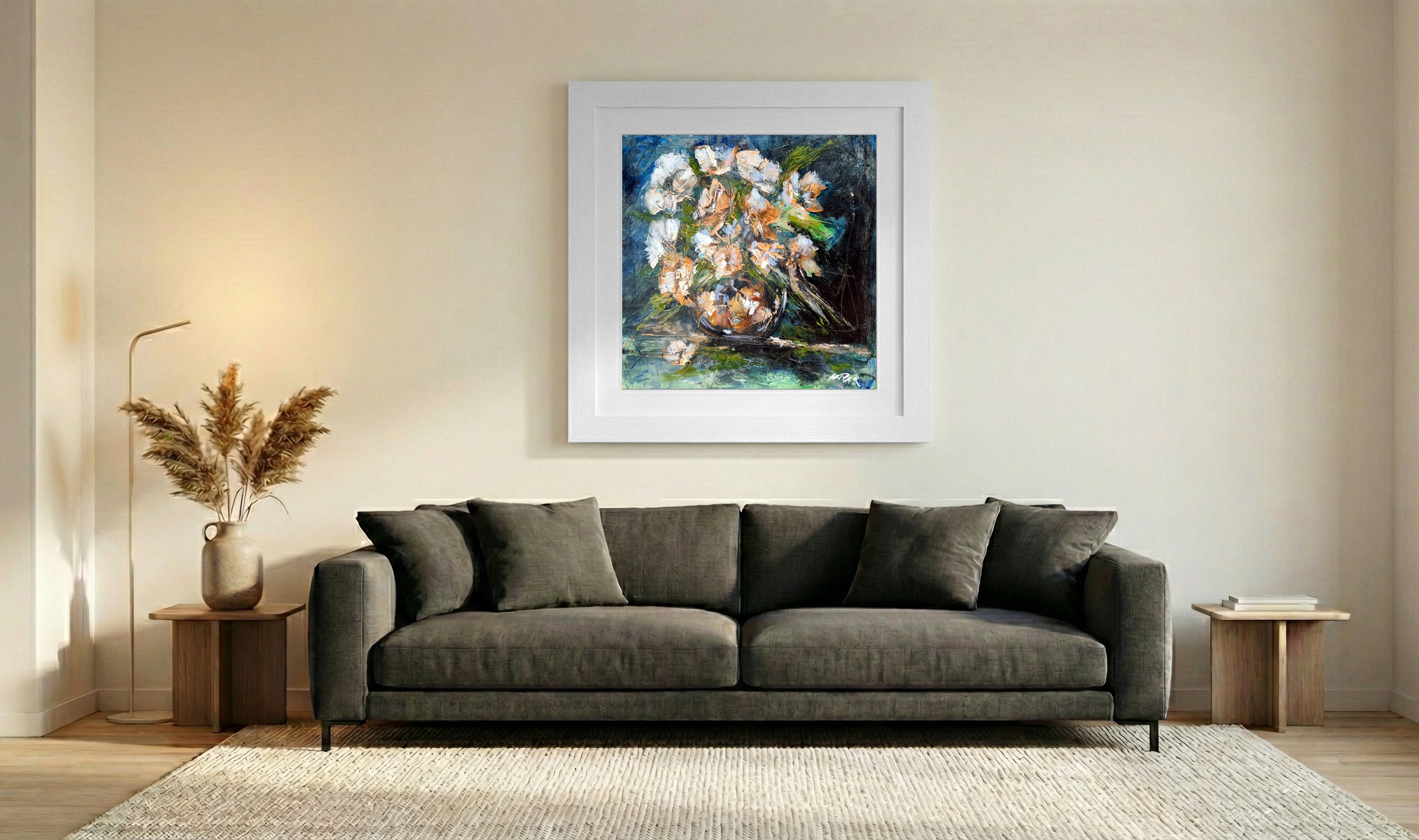 Cream Blooms on Deep Blue Background — art on the wall, room interior preview 3