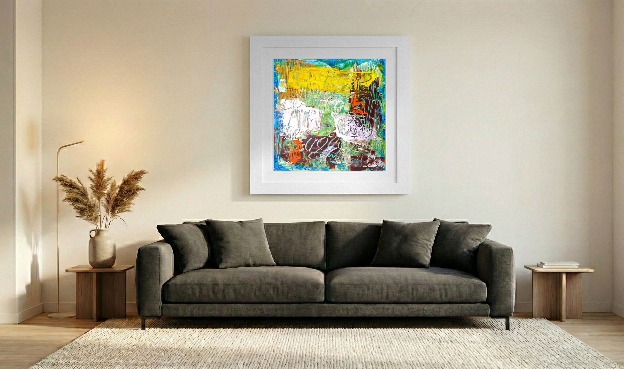 Sunny Yellow Abstract on Paper — art on the wall, room interior preview 3