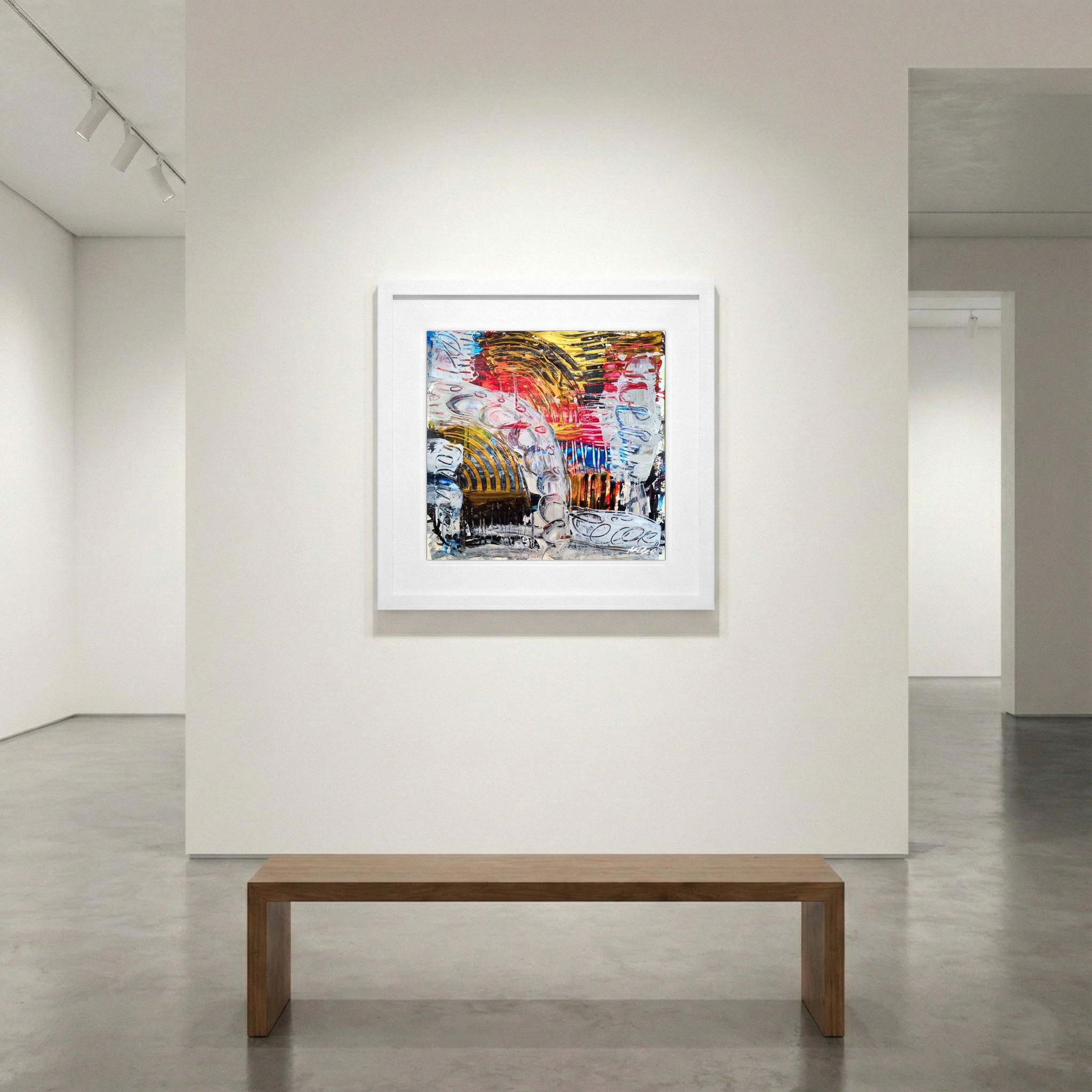 Crimson and Yellow Swirls on Paper — art on the wall, room interior preview 1