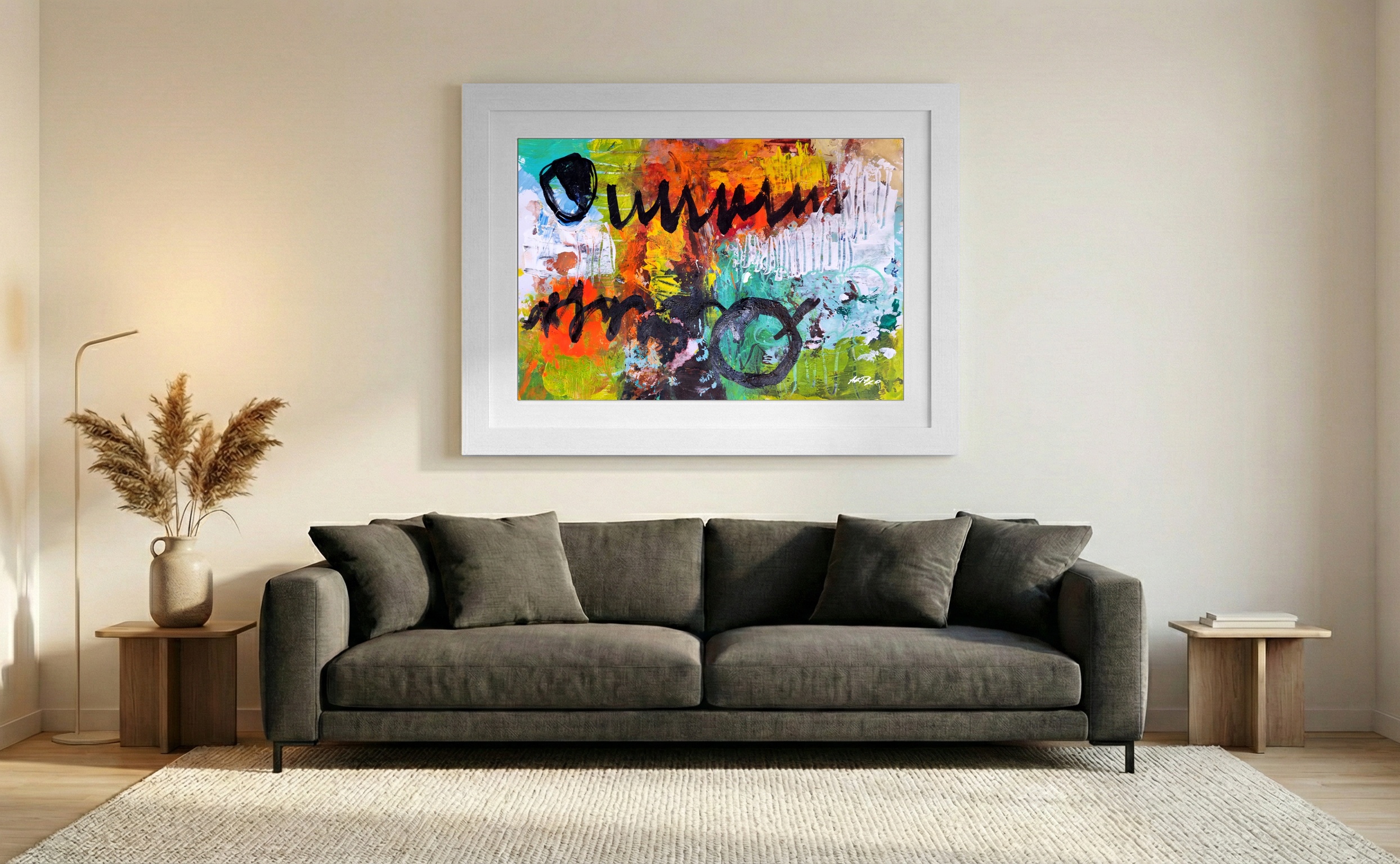 Vibrant Green Abstract on Paper — art on the wall, room interior preview 3