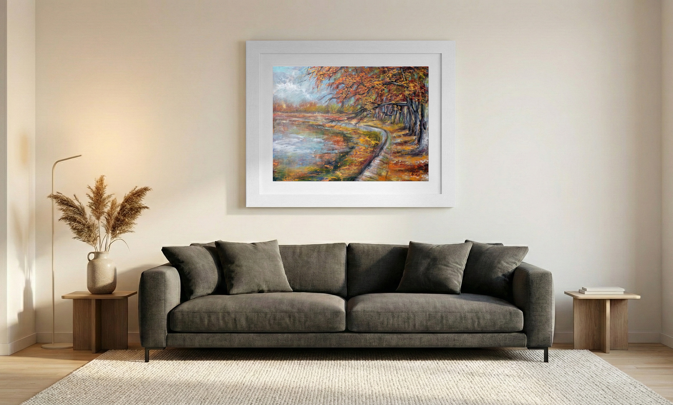 Golden Orange Autumn Landscape on Linen Canvas — art on the wall, room interior preview 1