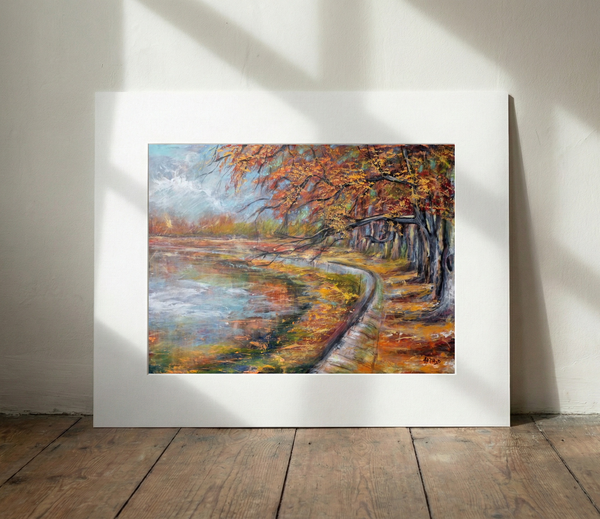 Golden Orange Autumn Landscape on Linen Canvas — art on the wall, room interior preview 2