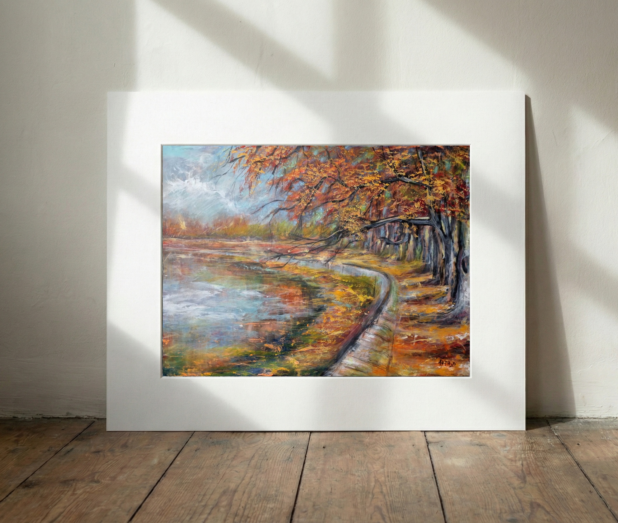 Golden Orange Autumn Landscape on Linen Canvas — art on the wall, room interior preview 3