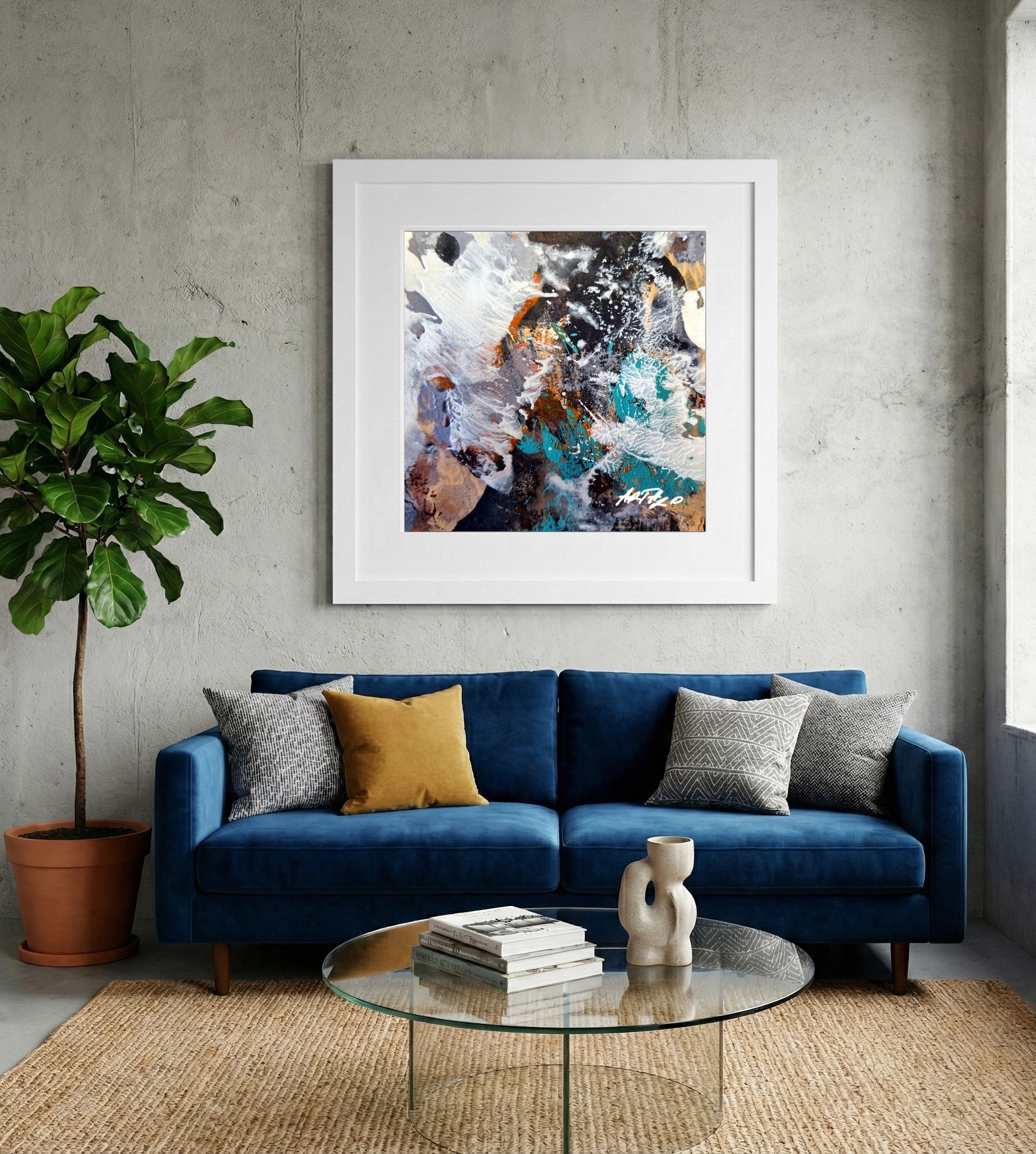 Teal and Ochre Abstract on Paper — art on the wall, room interior preview 2