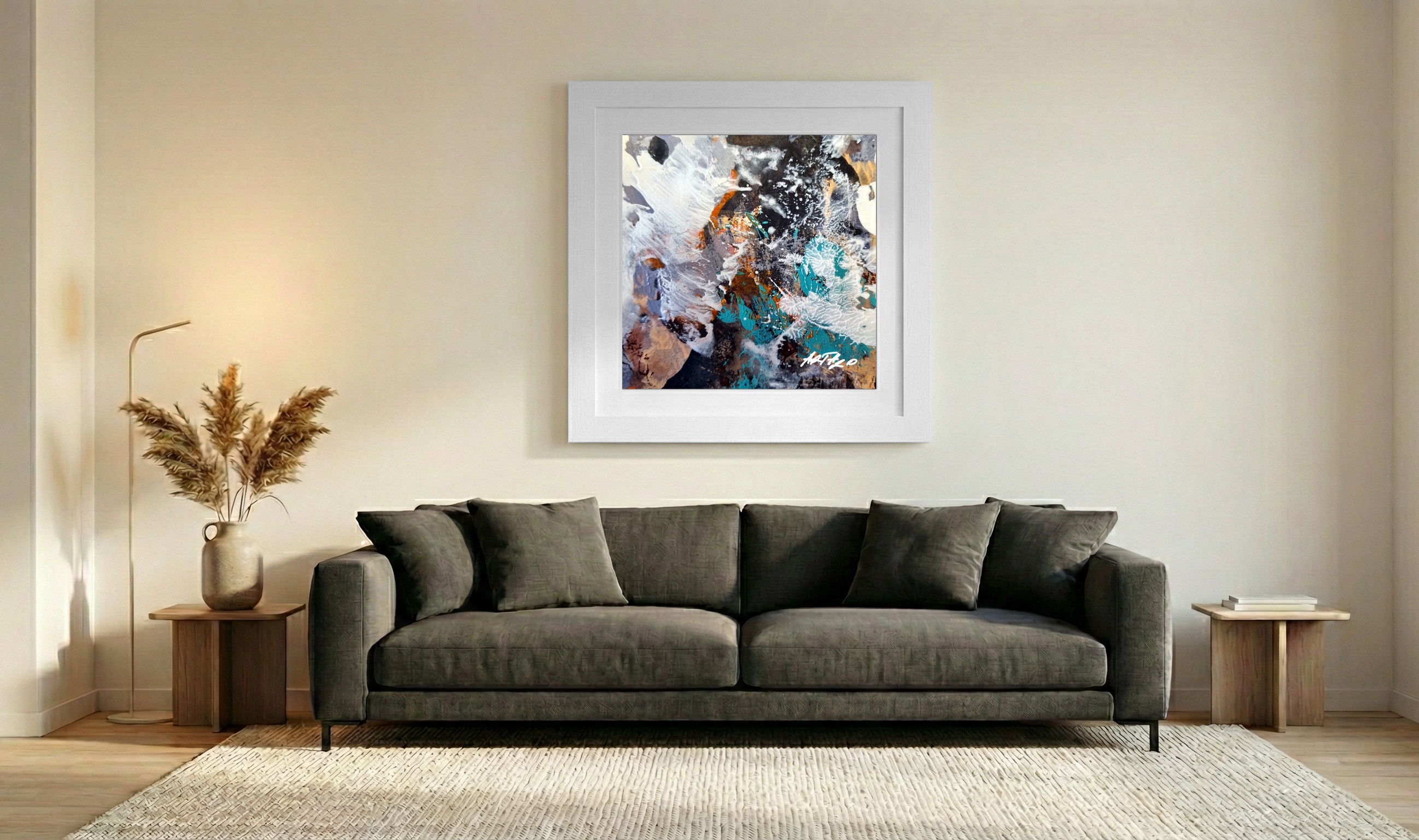 Teal and Ochre Abstract on Paper — art on the wall, room interior preview 3