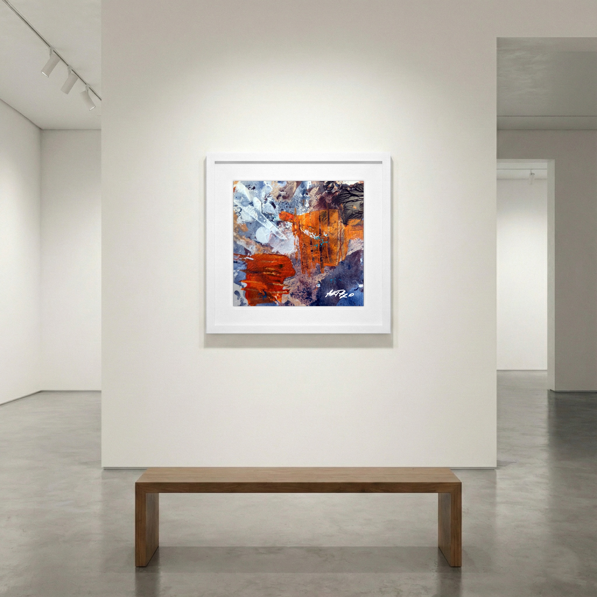 Burnt Orange and Blue Abstract on Paper — art on the wall, room interior preview 1