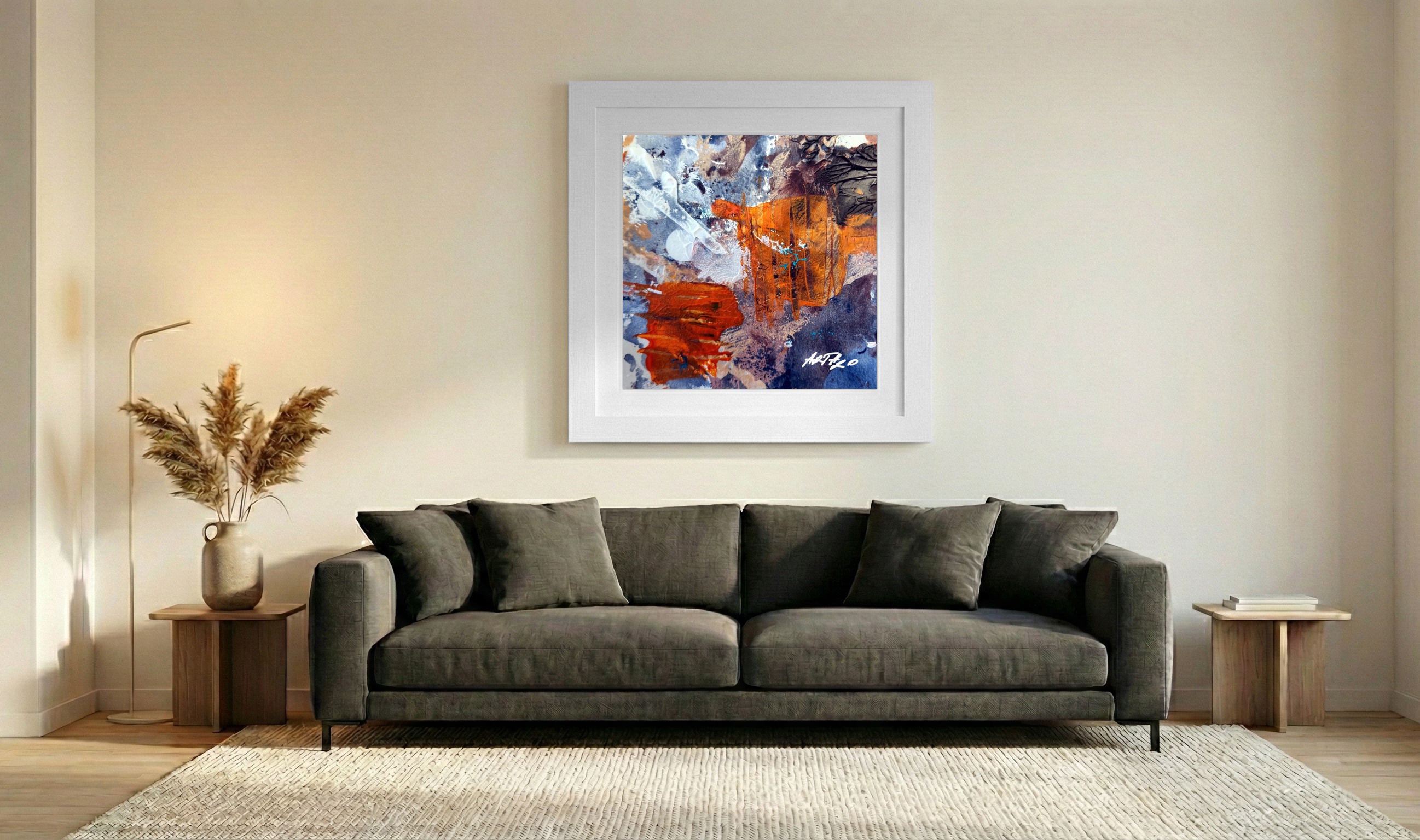 Burnt Orange and Blue Abstract on Paper — art on the wall, room interior preview 3