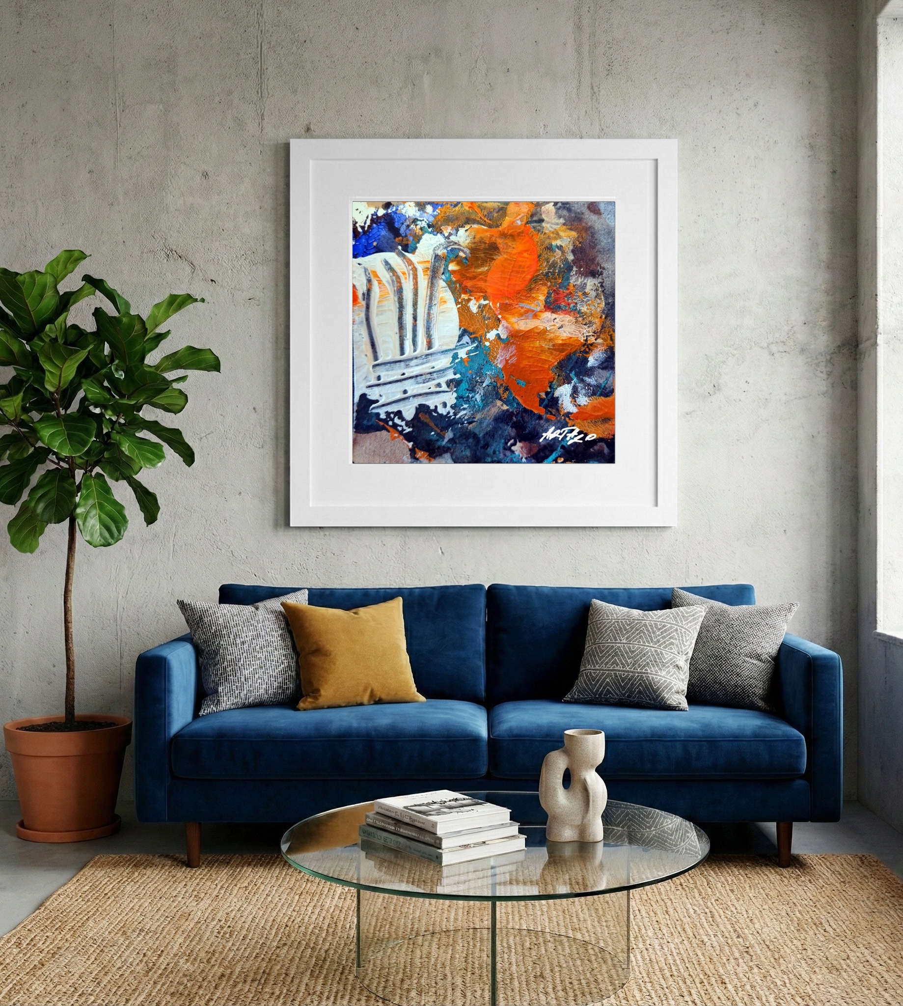 Burnt Orange and Deep Blue Acrylic on Paper — art on the wall, room interior preview 2