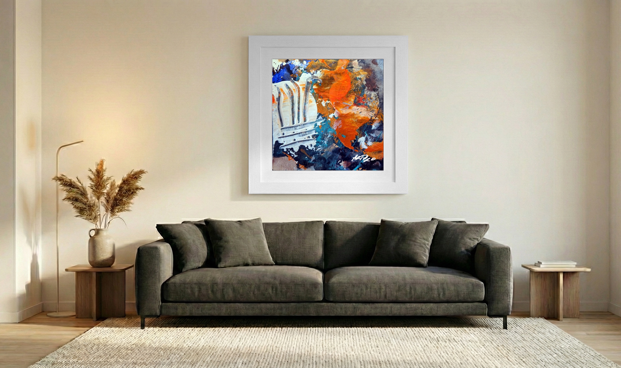 Burnt Orange and Deep Blue Acrylic on Paper — art on the wall, room interior preview 3