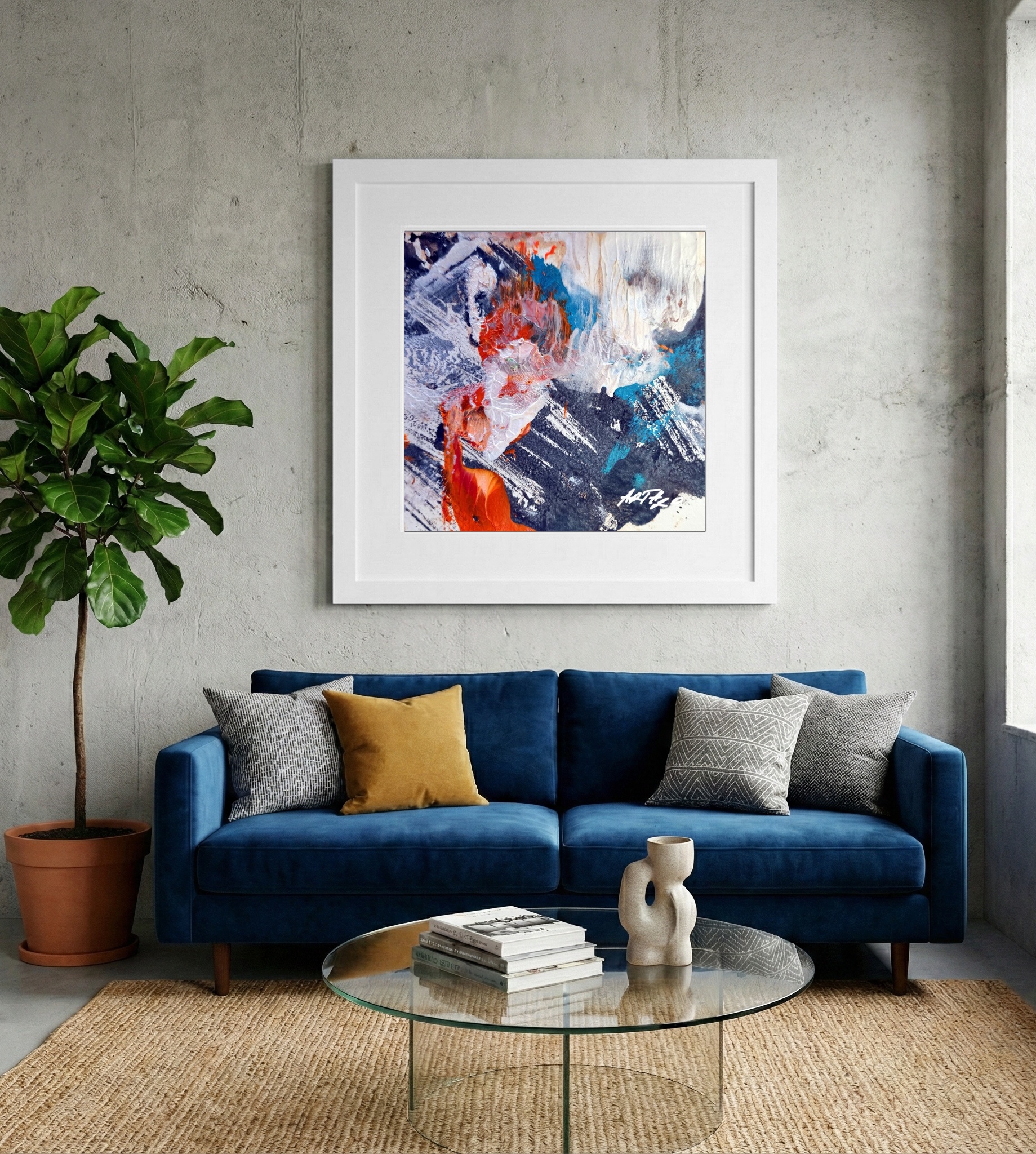 Cobalt and Fiery Orange Abstract on Paper — art on the wall, room interior preview 2