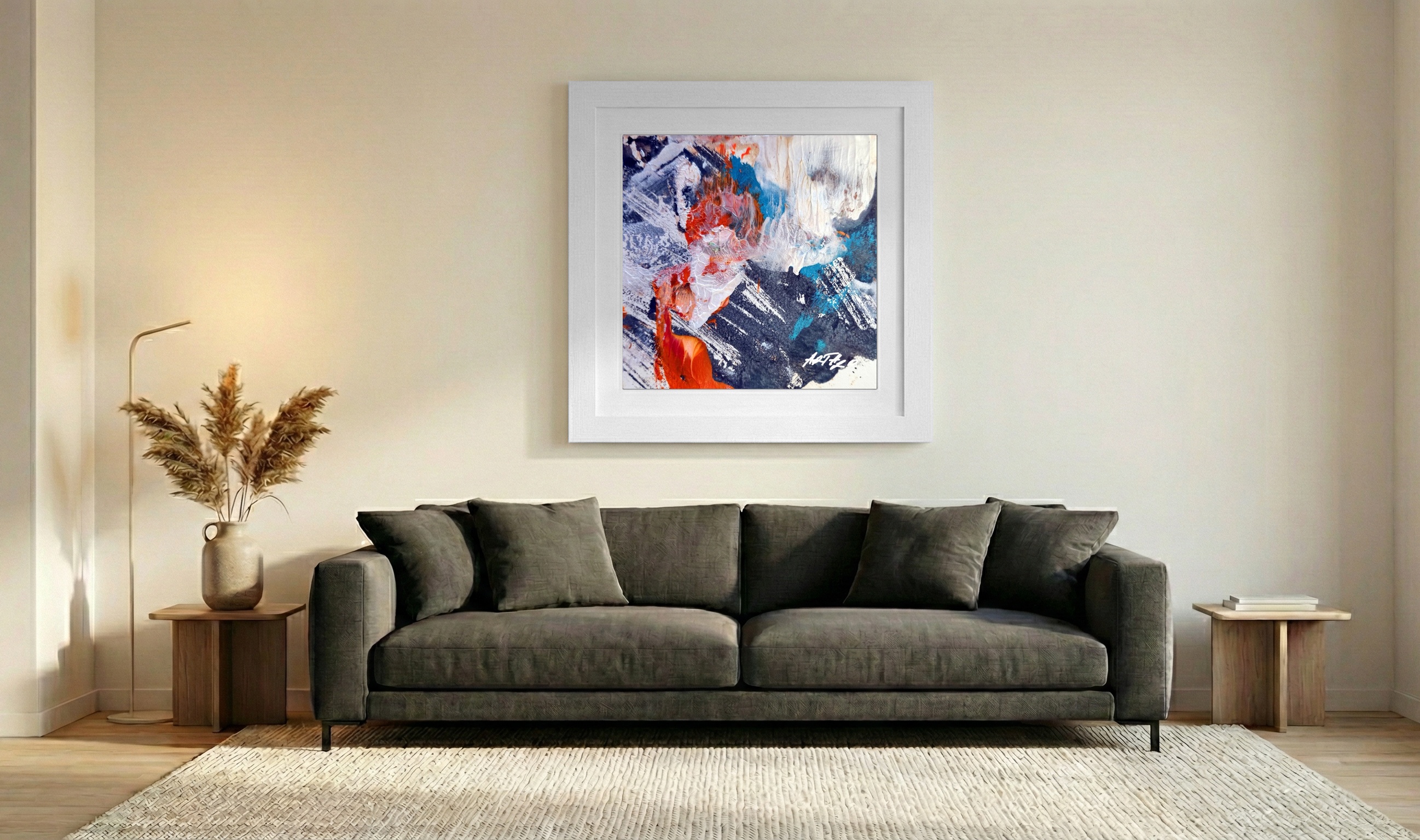 Cobalt and Fiery Orange Abstract on Paper — art on the wall, room interior preview 3