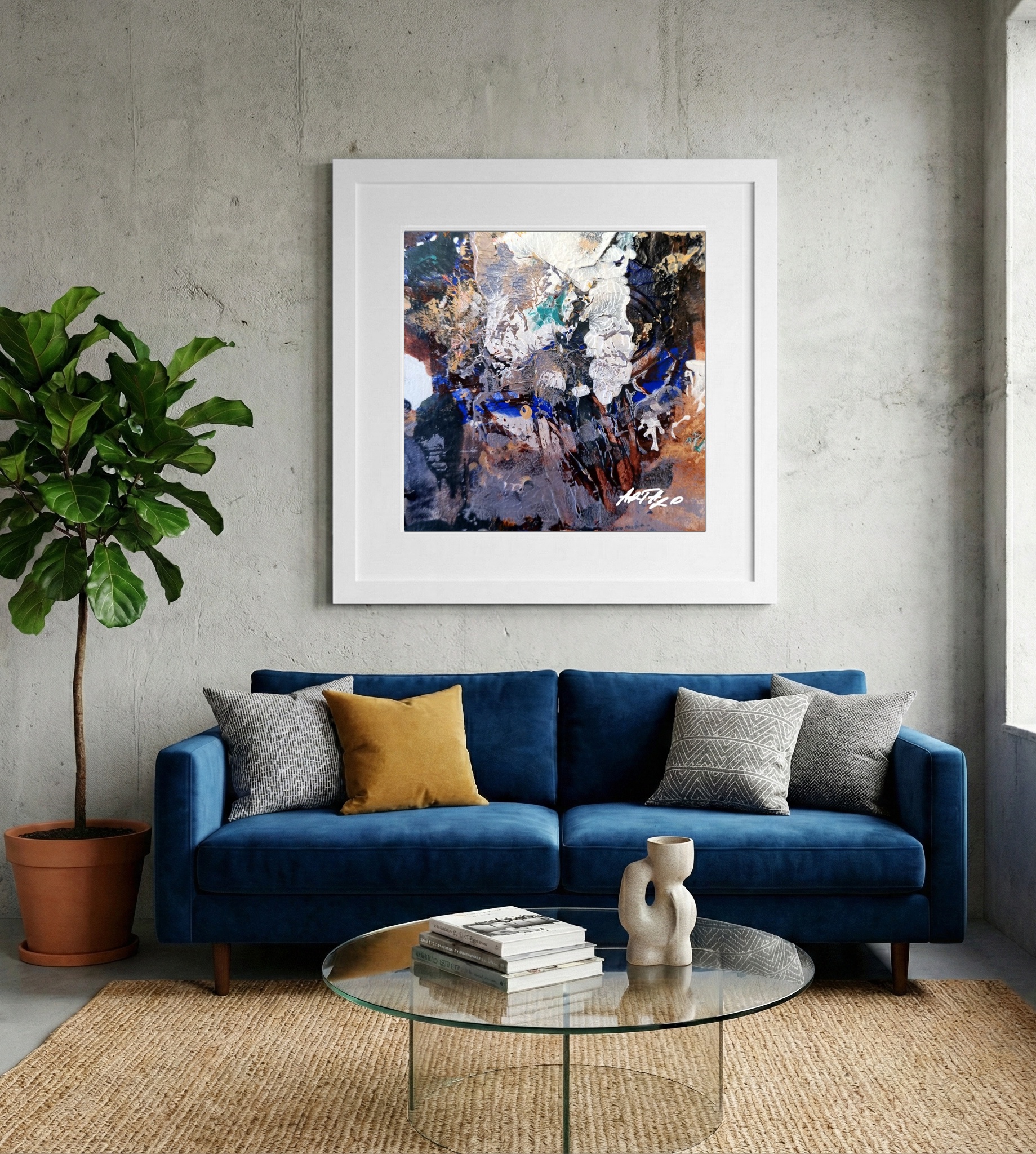 Cerulean and Brown Organic Forms on Paper — art on the wall, room interior preview 2