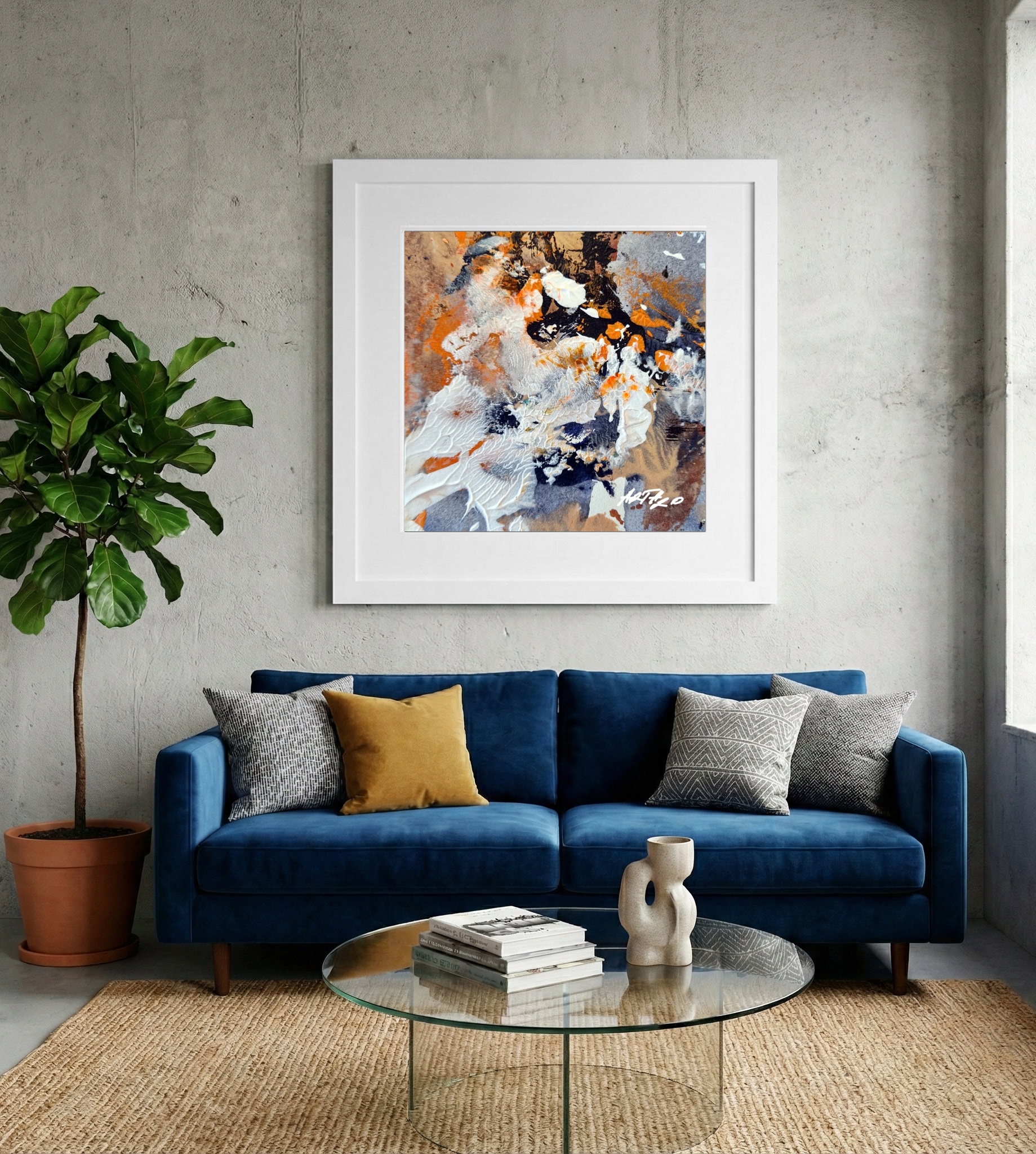 Burnt Orange and Navy Abstract on Paper — art on the wall, room interior preview 2