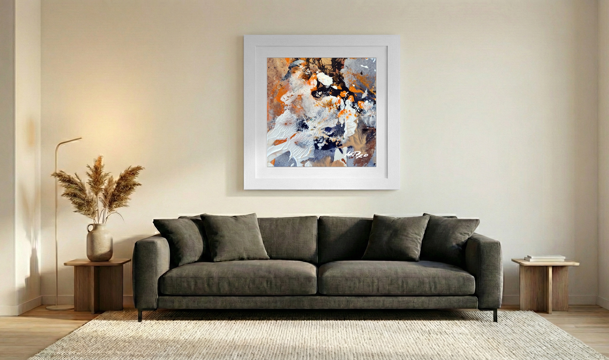Burnt Orange and Navy Abstract on Paper — art on the wall, room interior preview 3