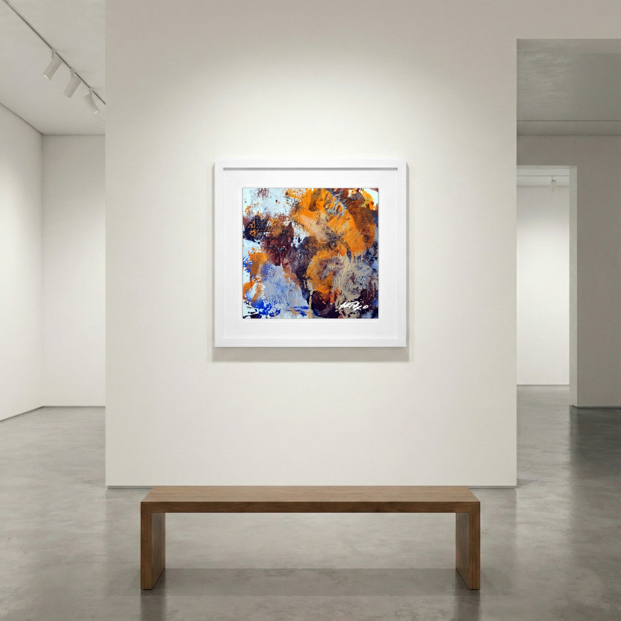 Burnt Orange and Deep Blue Abstract on Paper — art on the wall, room interior preview 1