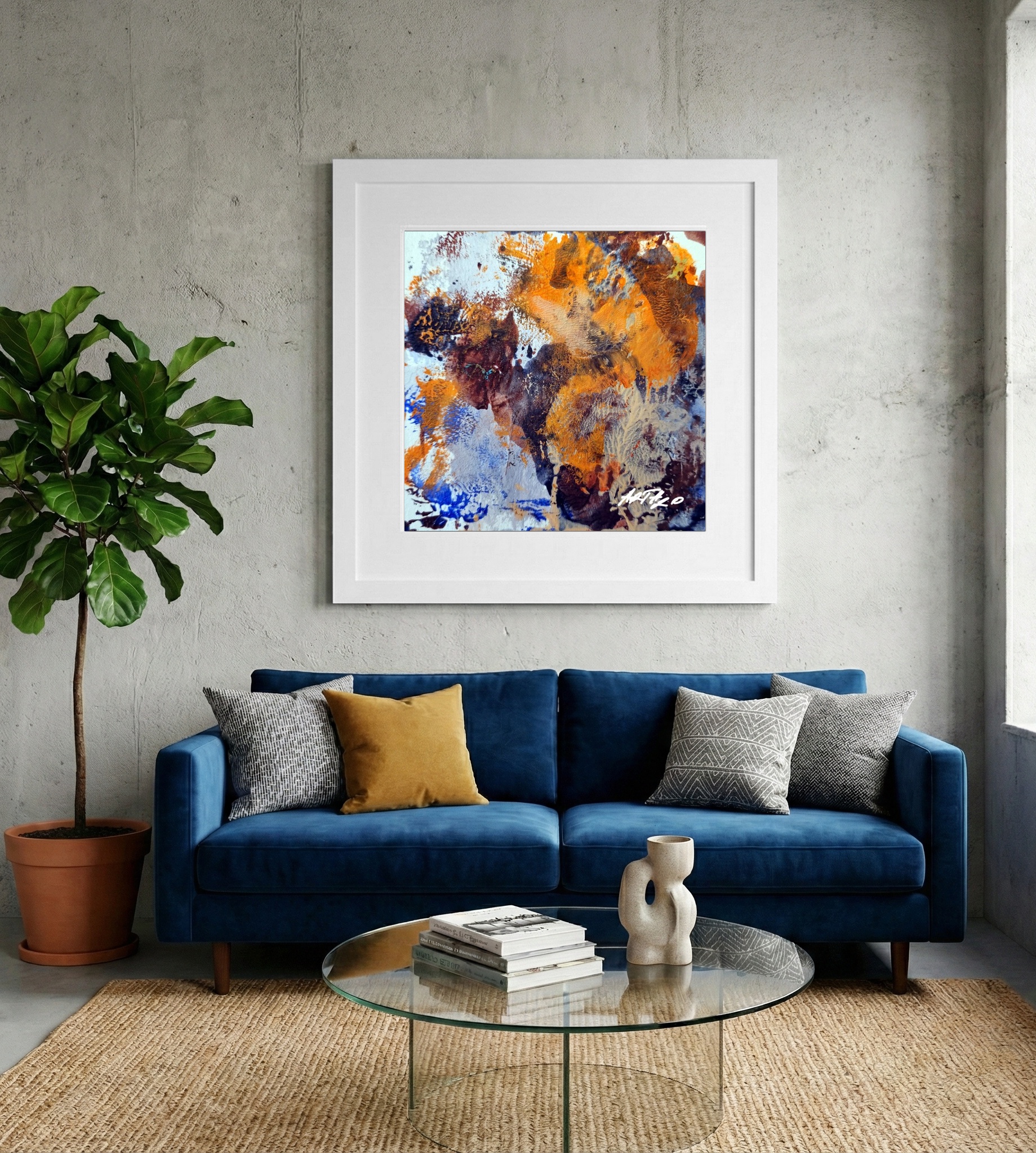 Burnt Orange and Deep Blue Abstract on Paper — art on the wall, room interior preview 2
