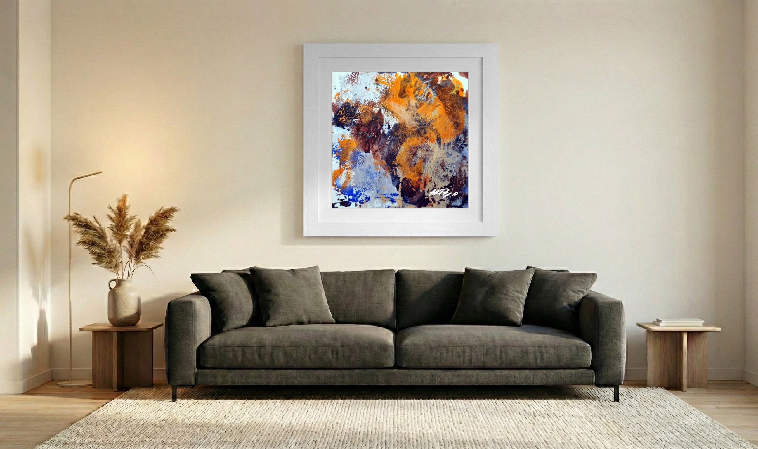 Burnt Orange and Deep Blue Abstract on Paper — art on the wall, room interior preview 3