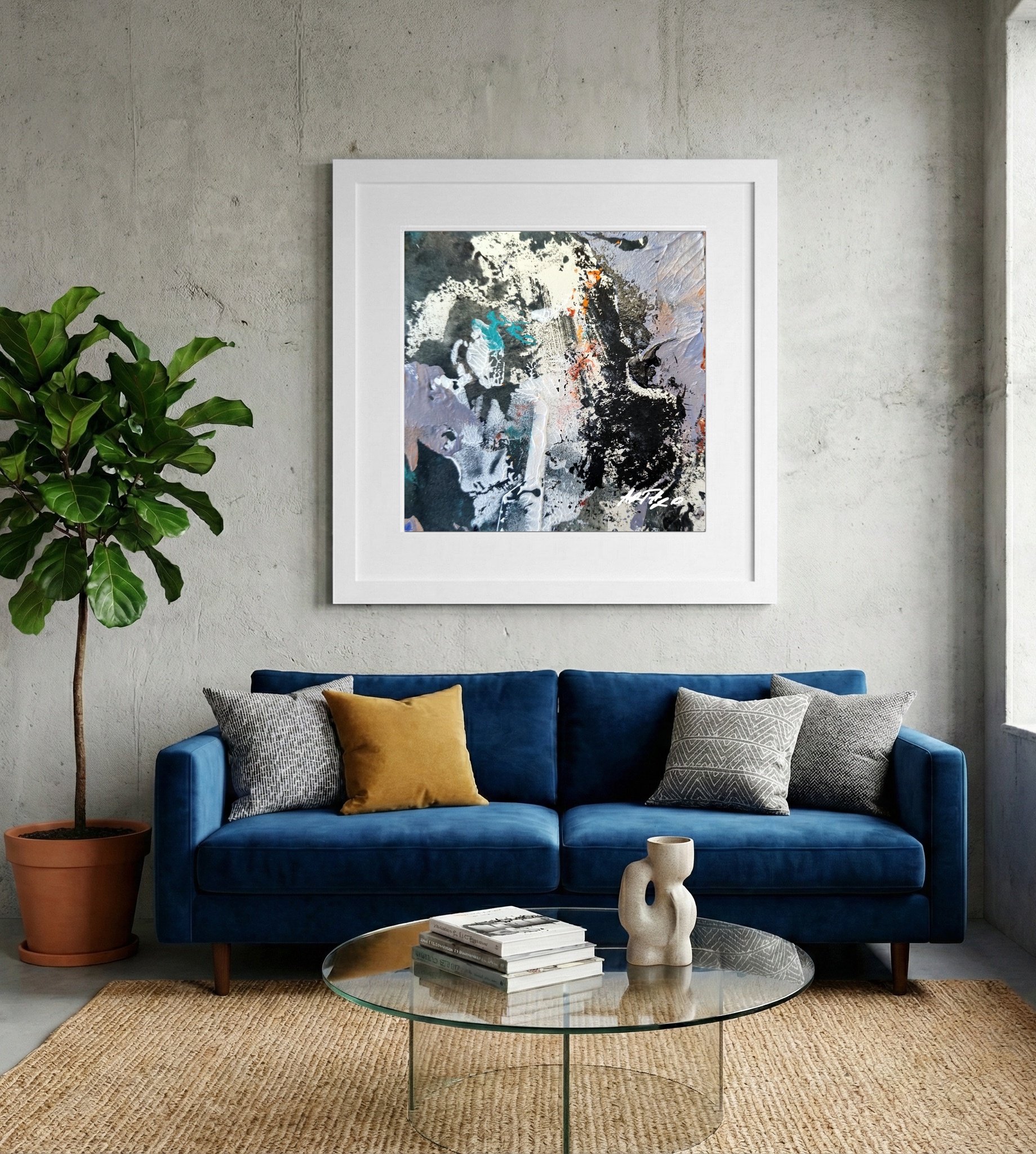 Turquoise and Black Layers on Paper — art on the wall, room interior preview 2