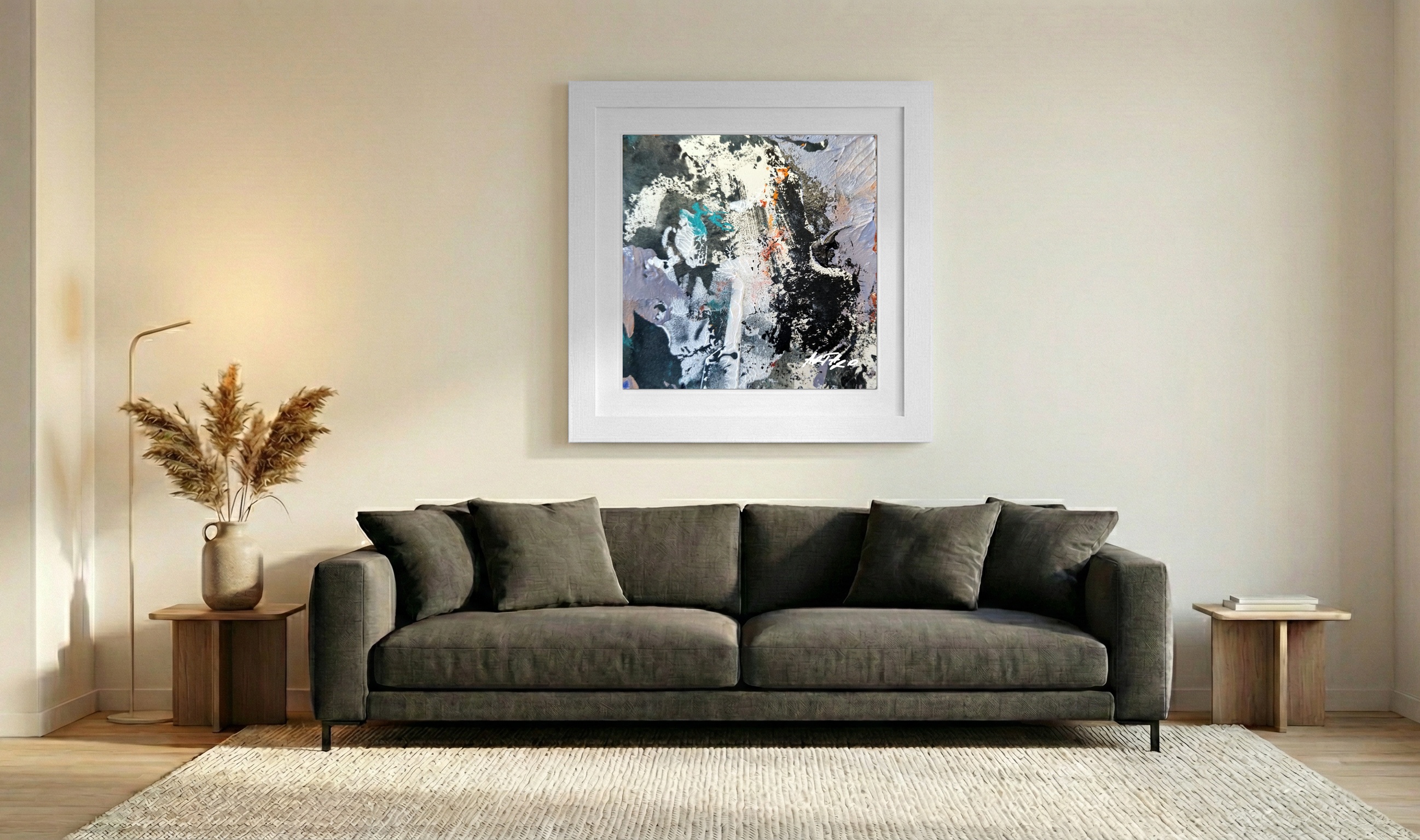 Turquoise and Black Layers on Paper — art on the wall, room interior preview 3