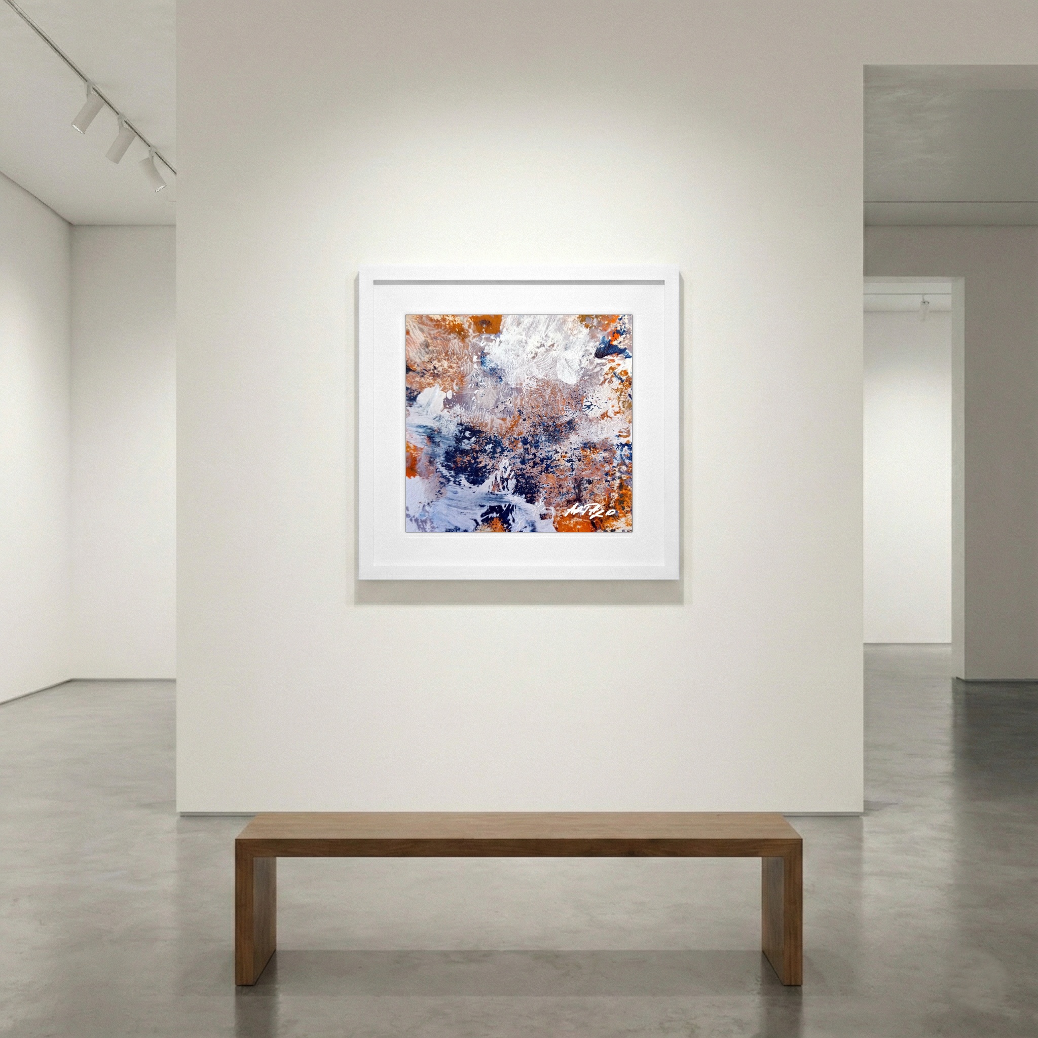 Navy and Burnt Orange Swirls on Paper — art on the wall, room interior preview 1