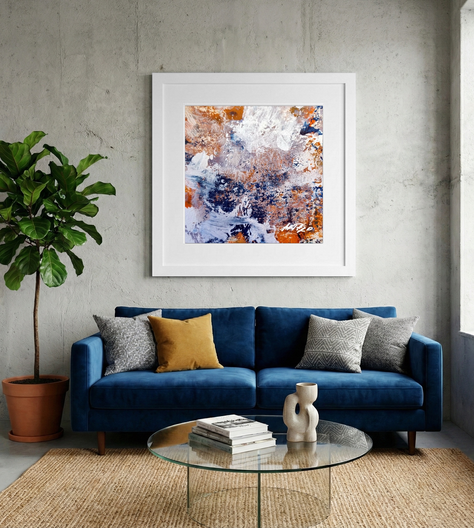 Navy and Burnt Orange Swirls on Paper — art on the wall, room interior preview 2